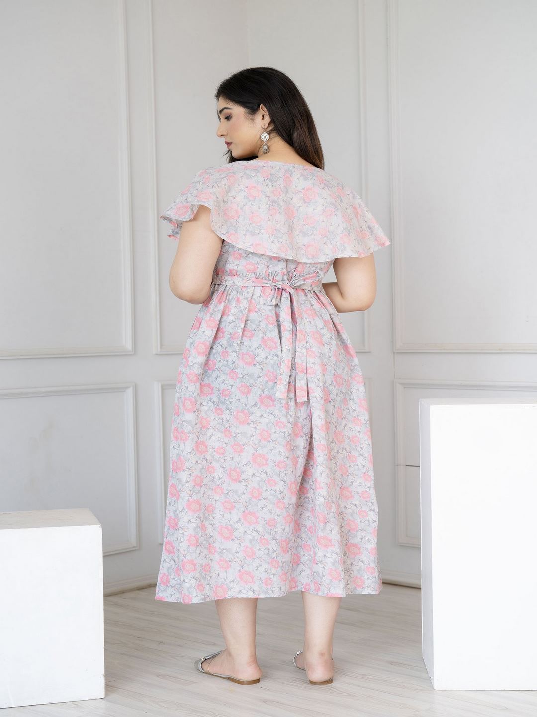 Grey Printed Flared Maternity Dress