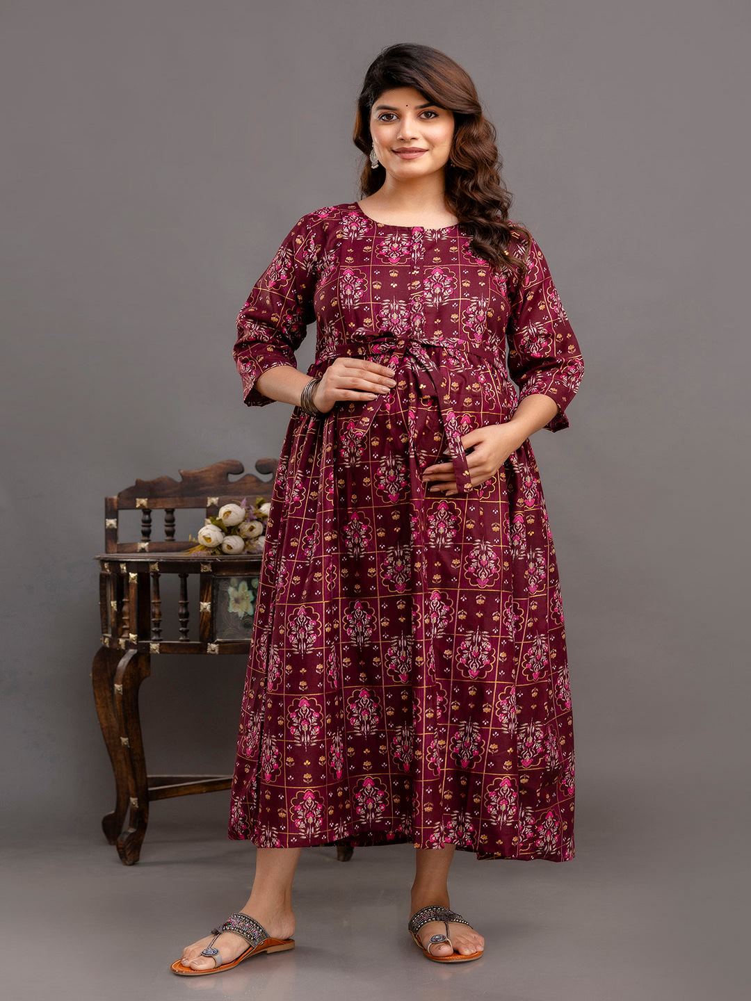 Burgundy Printed Maternity Dress Trendphoria Burgundy Printed Maternity Dress Trendphoria