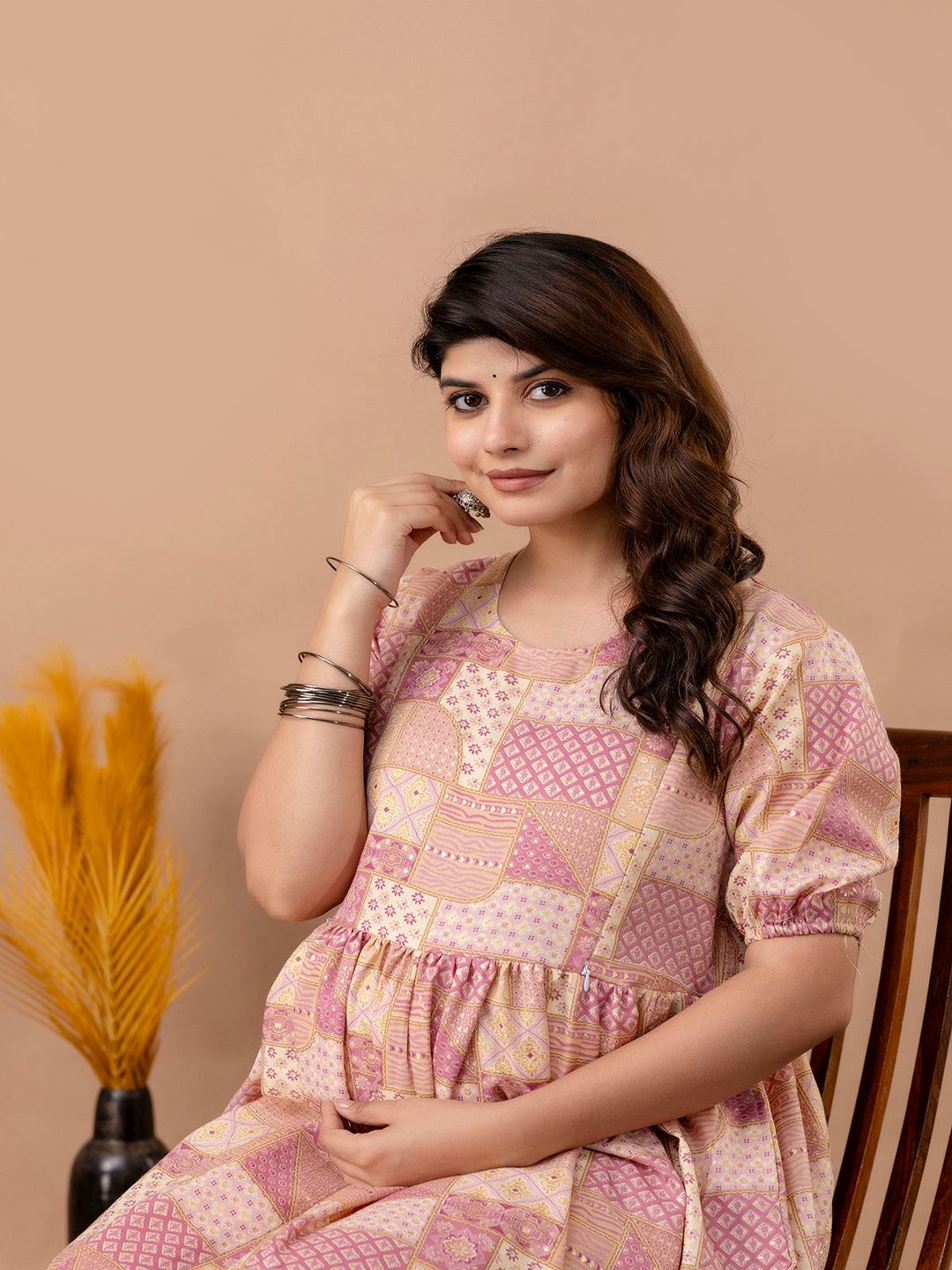 Pink Printed Maternity Dress