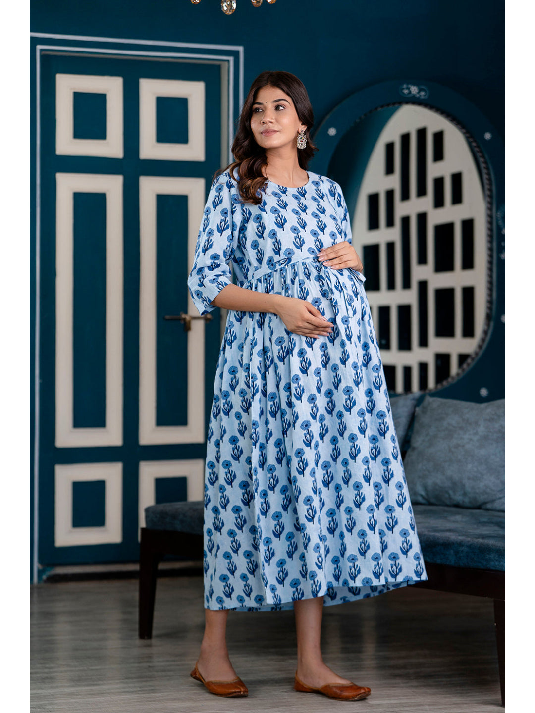 Blue Printed Maternity Dress