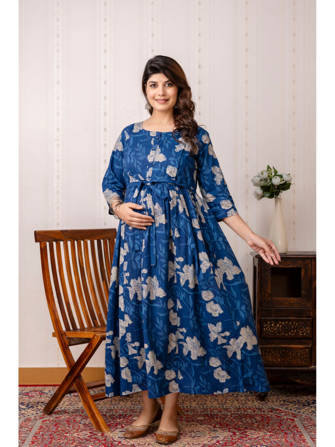 Blue Printed Maternity Dress