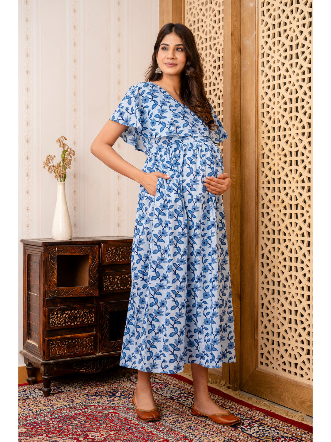 Blue Printed Maternity Dress