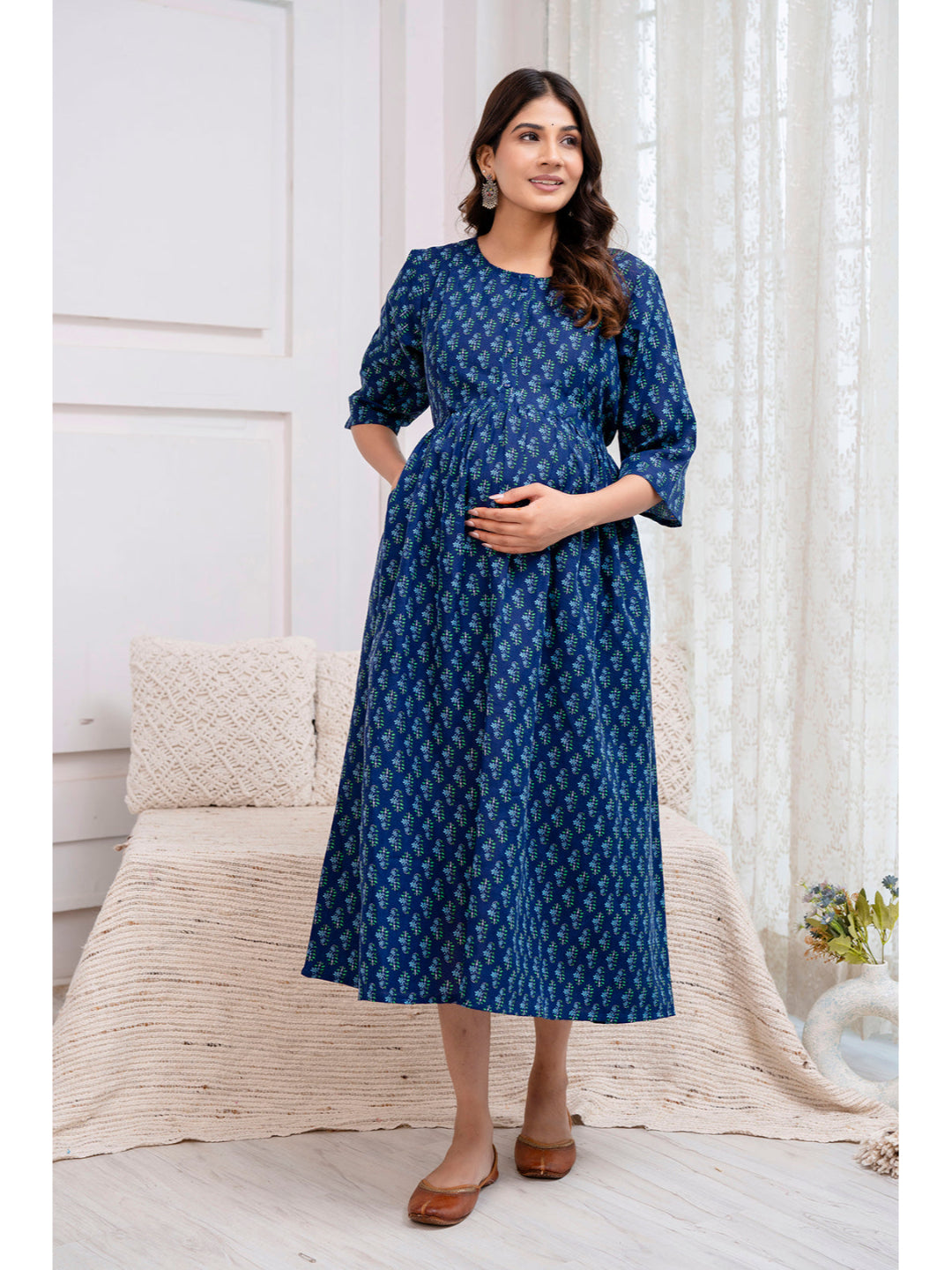 Blue Printed Maternity Dress
