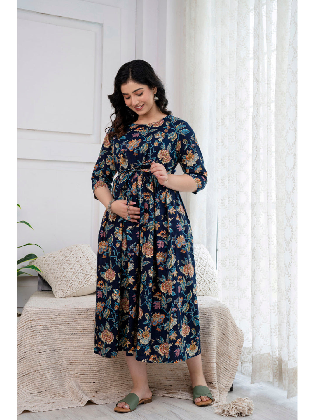 Navy Blue Printed Maternity Dress