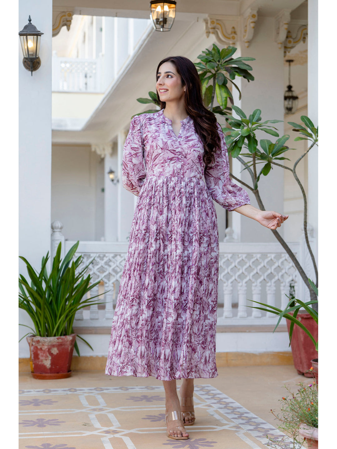 Mauve Georgette Pleated Dress