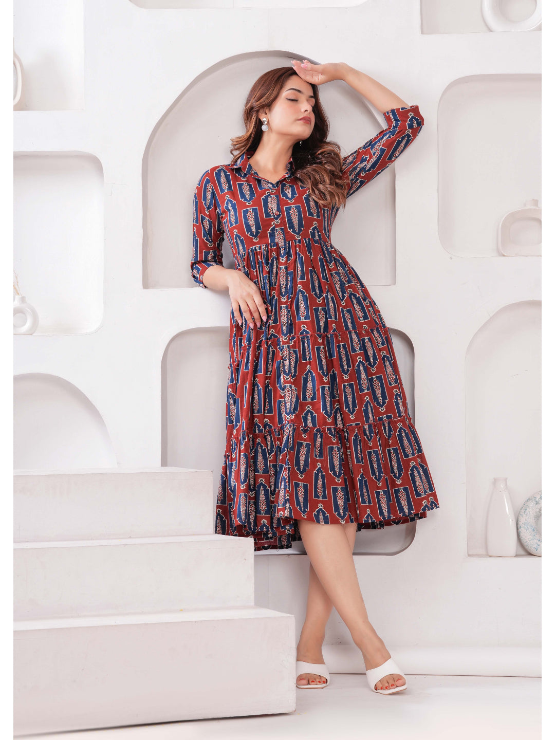 Maroon Ethnic Printed Flared Dress