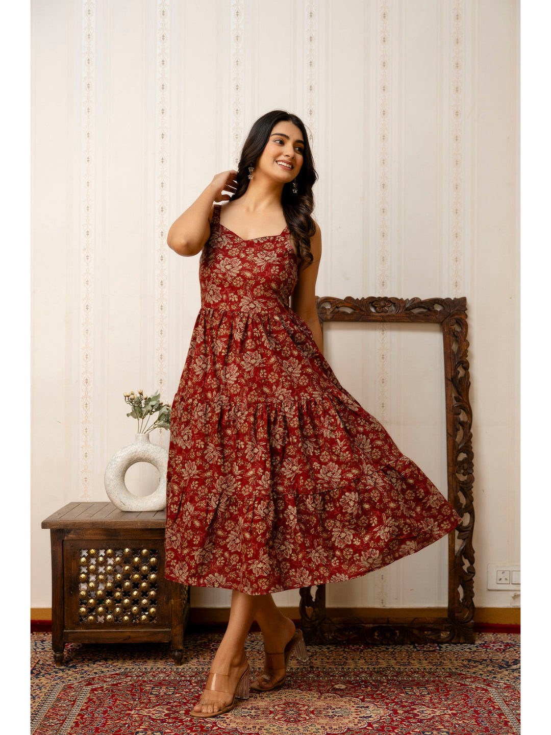 Maroon Floral Printed Flared Dress