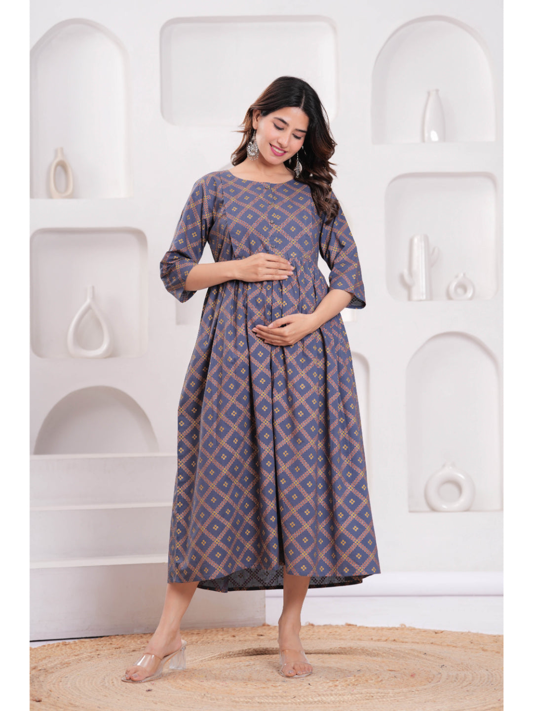 Grey Printed Flared Maternity Dress