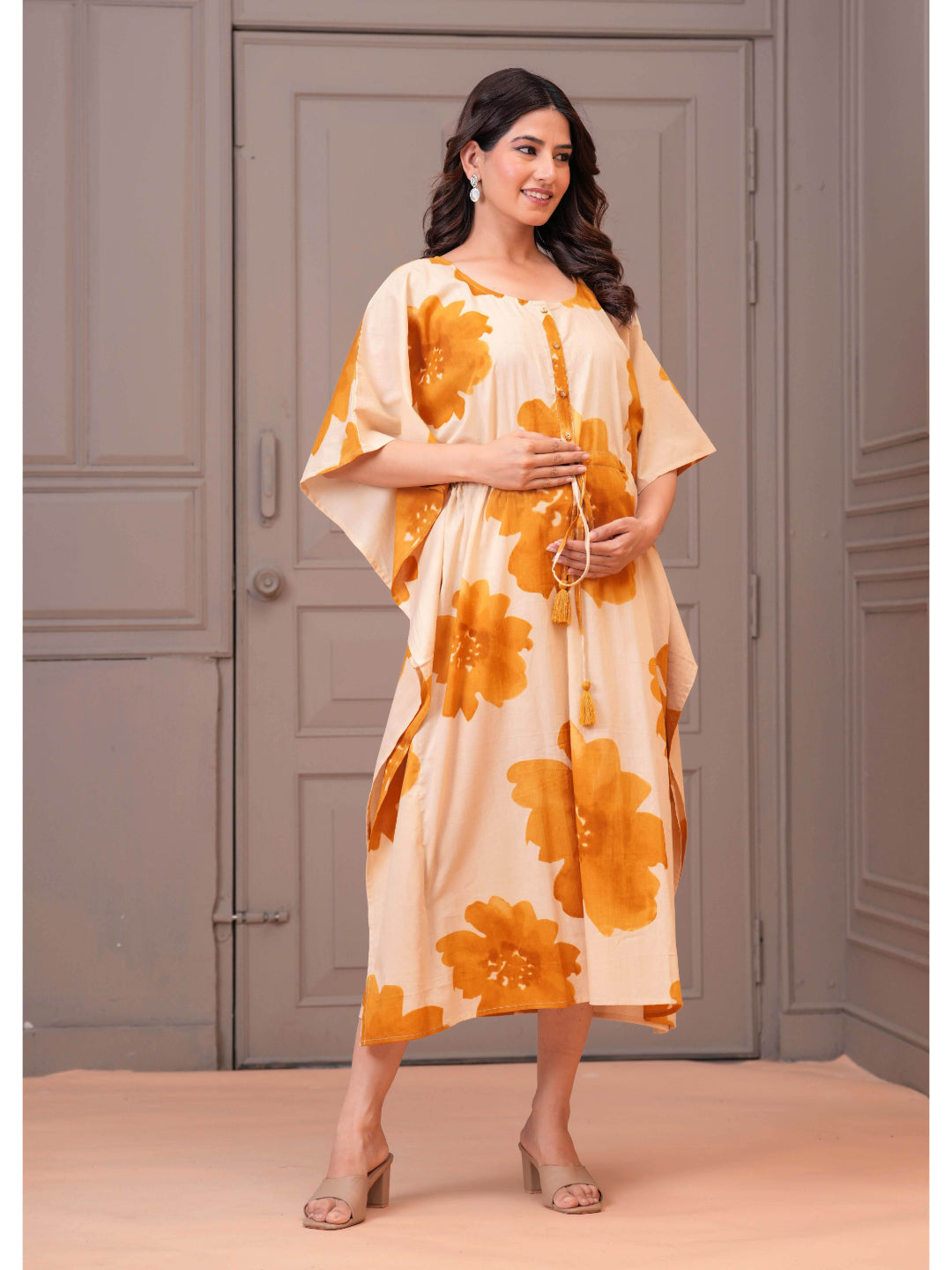 Mustard Floral Printed Kaftaan Maternity Dress