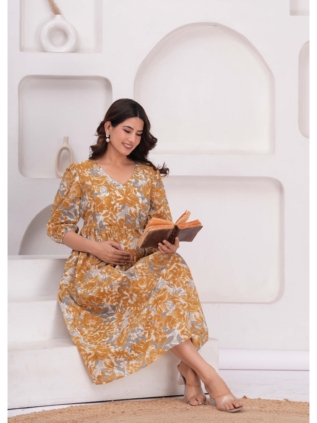 Mustard Printed Flared Maternity Dress