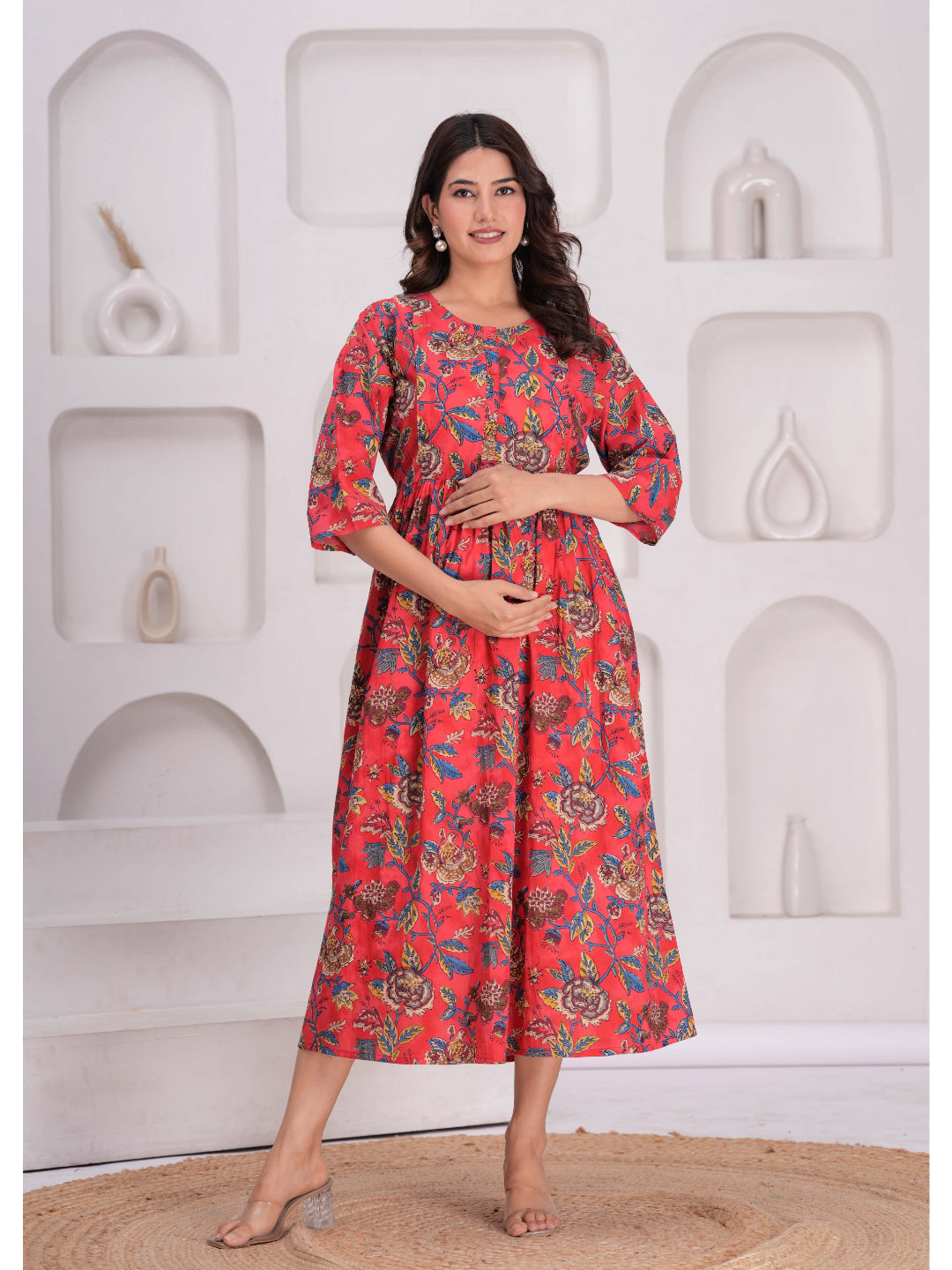 Maroon Floral Printed Flared Maternity Dress
