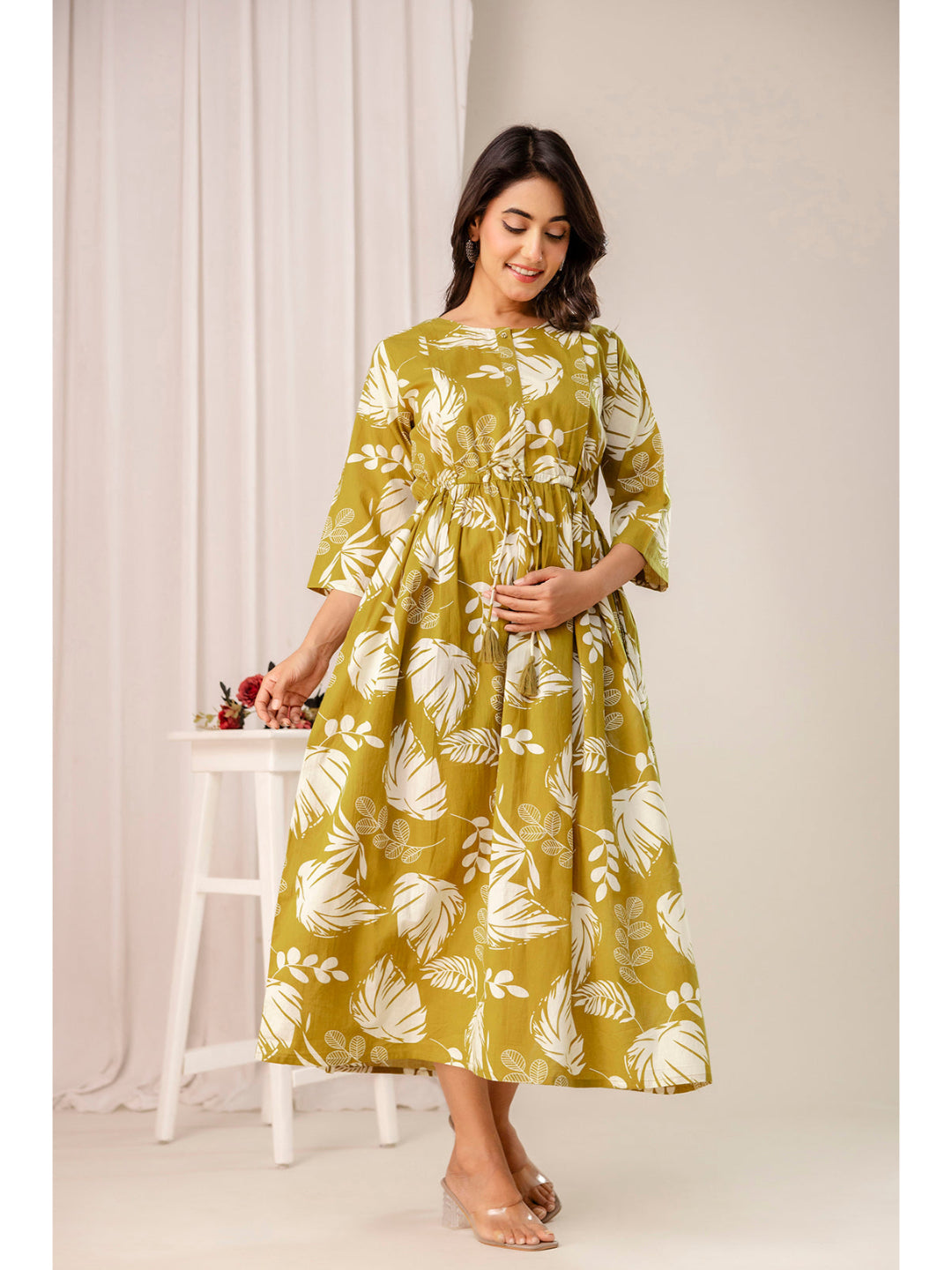 Olive Tropical Printed Maternity Dress