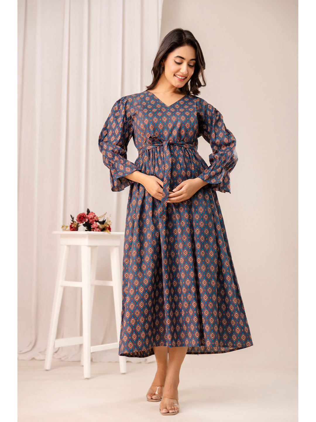 Teal Printed Maternity Dress