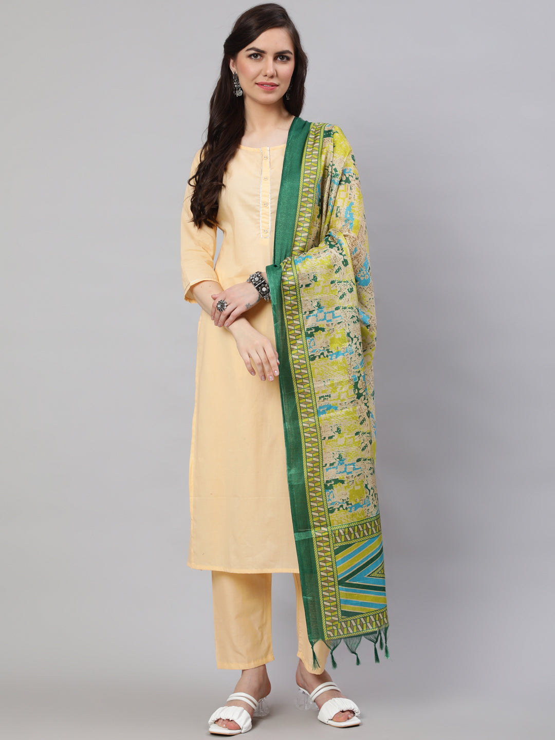 Cream Straight Solid Kurta With Trouser And Art Silk Dupatta