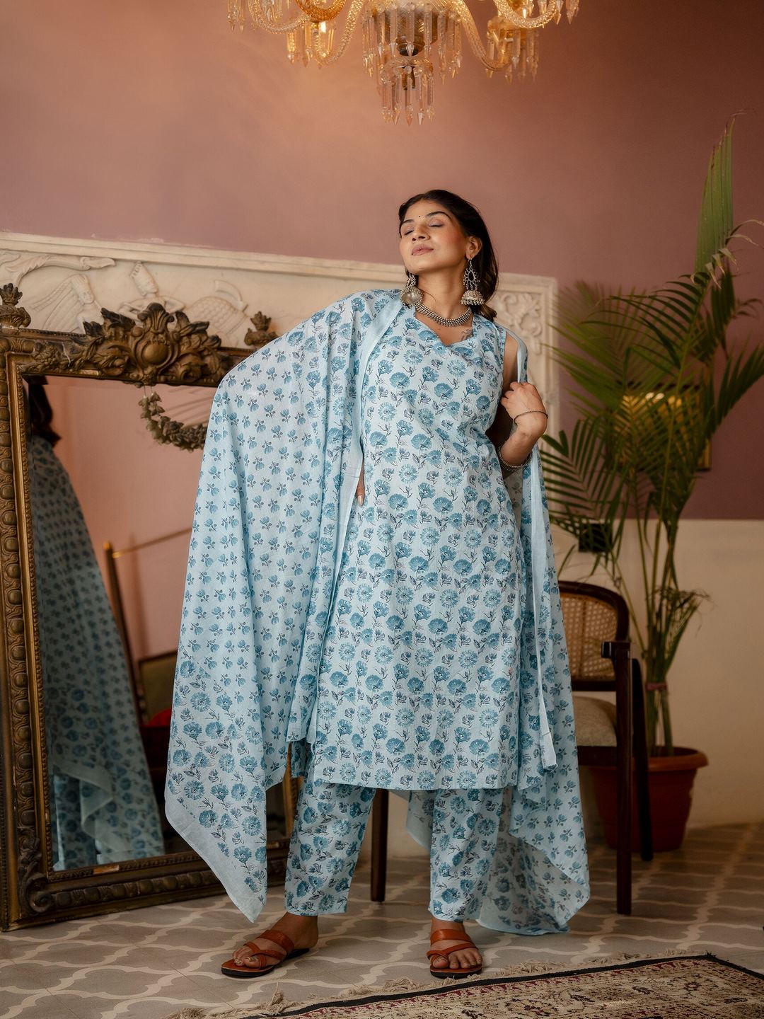 Aqua Blue Printed Straight Kurta With Trouser And Dupatta