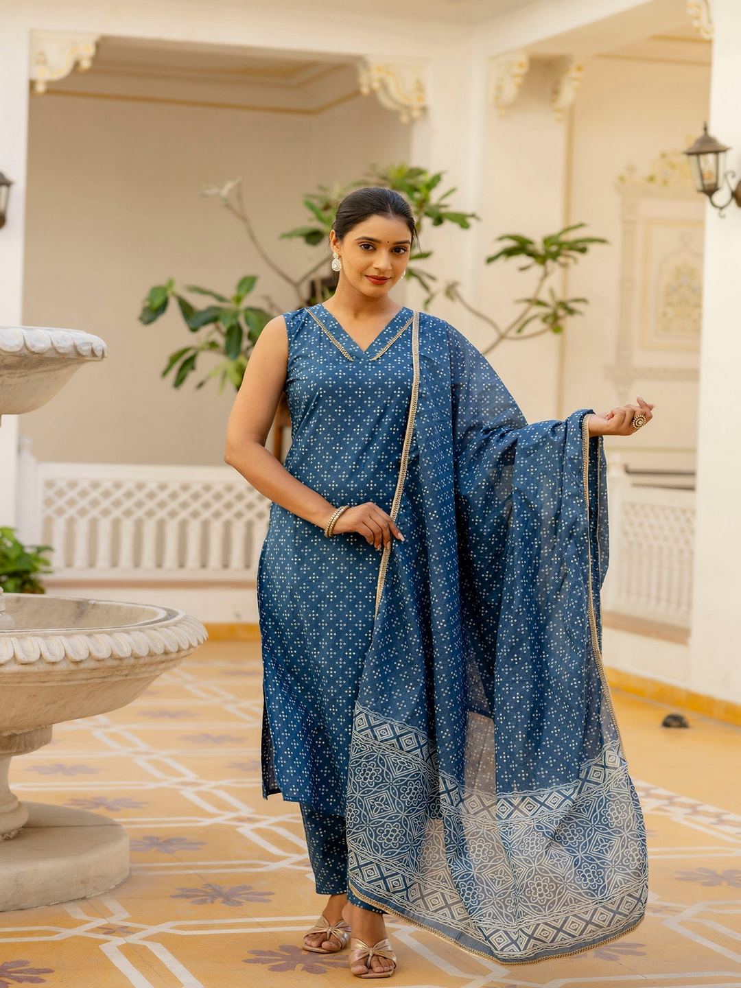 Blue Printed Straight Kurta With Trouser And Dupatta