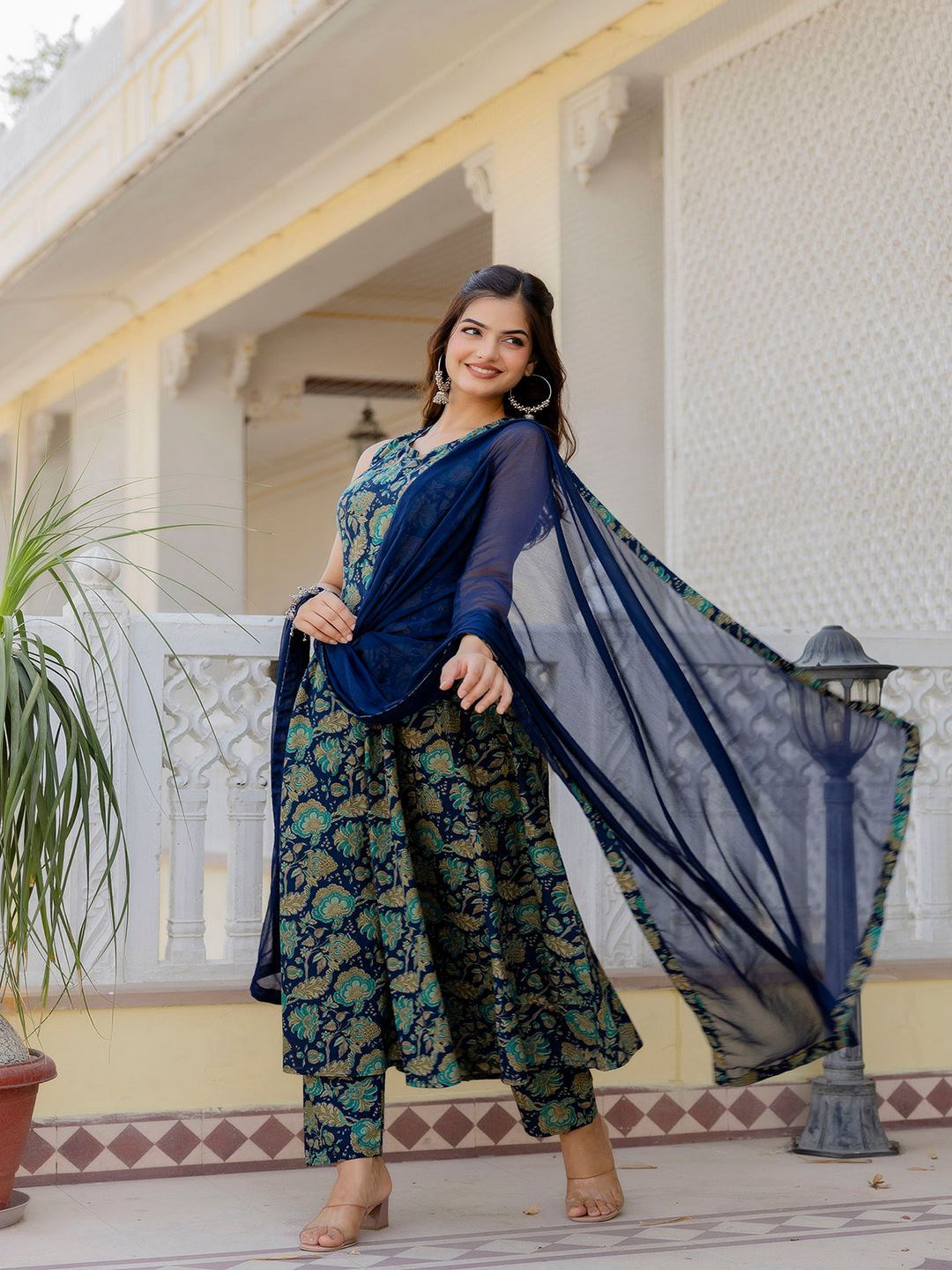 Blue Floral Printed Anarkali Kurta With Trouser And Dupatta