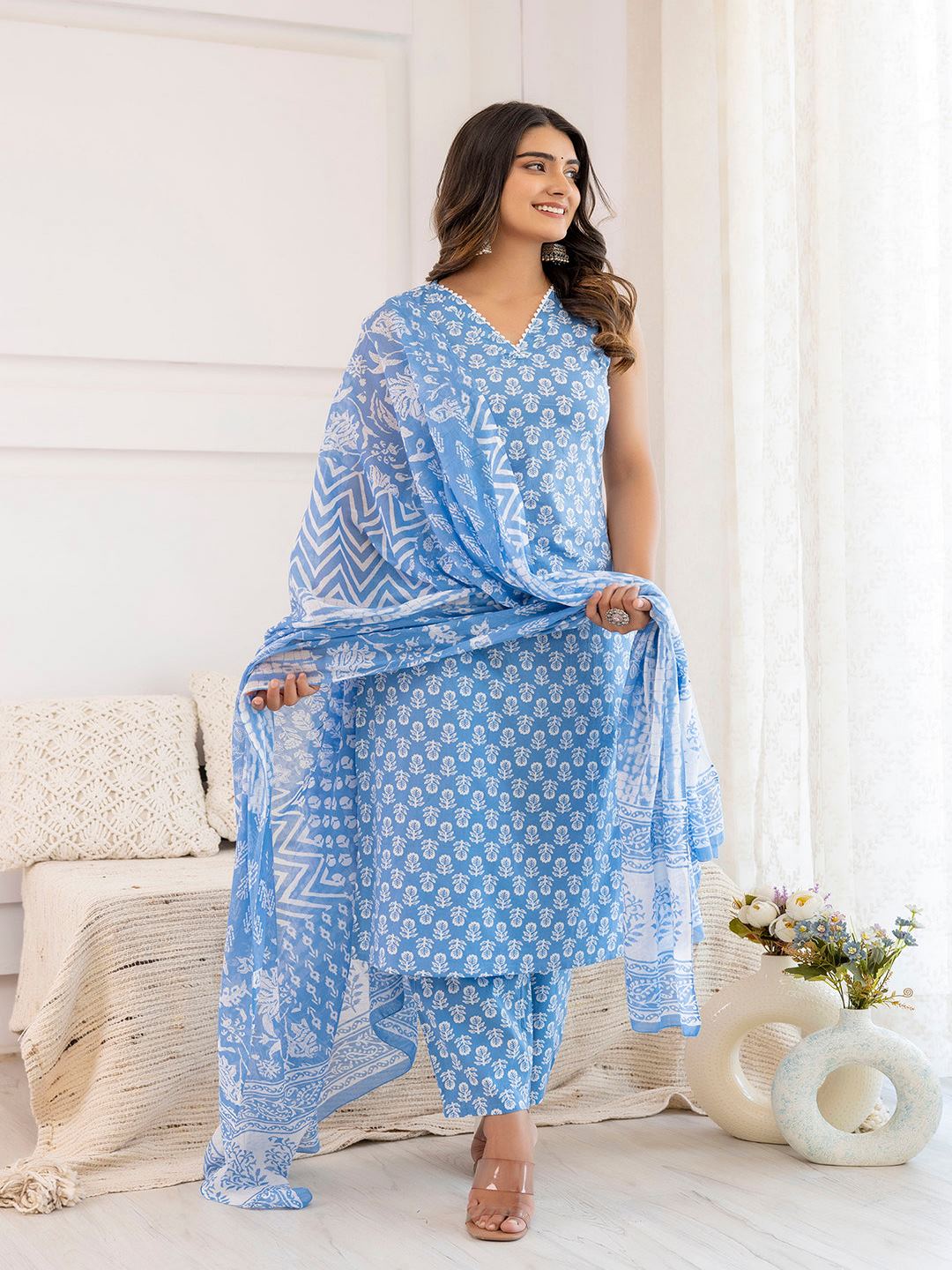 Aqua Blue Printed Straight Kurta With Trouser And Dupatta