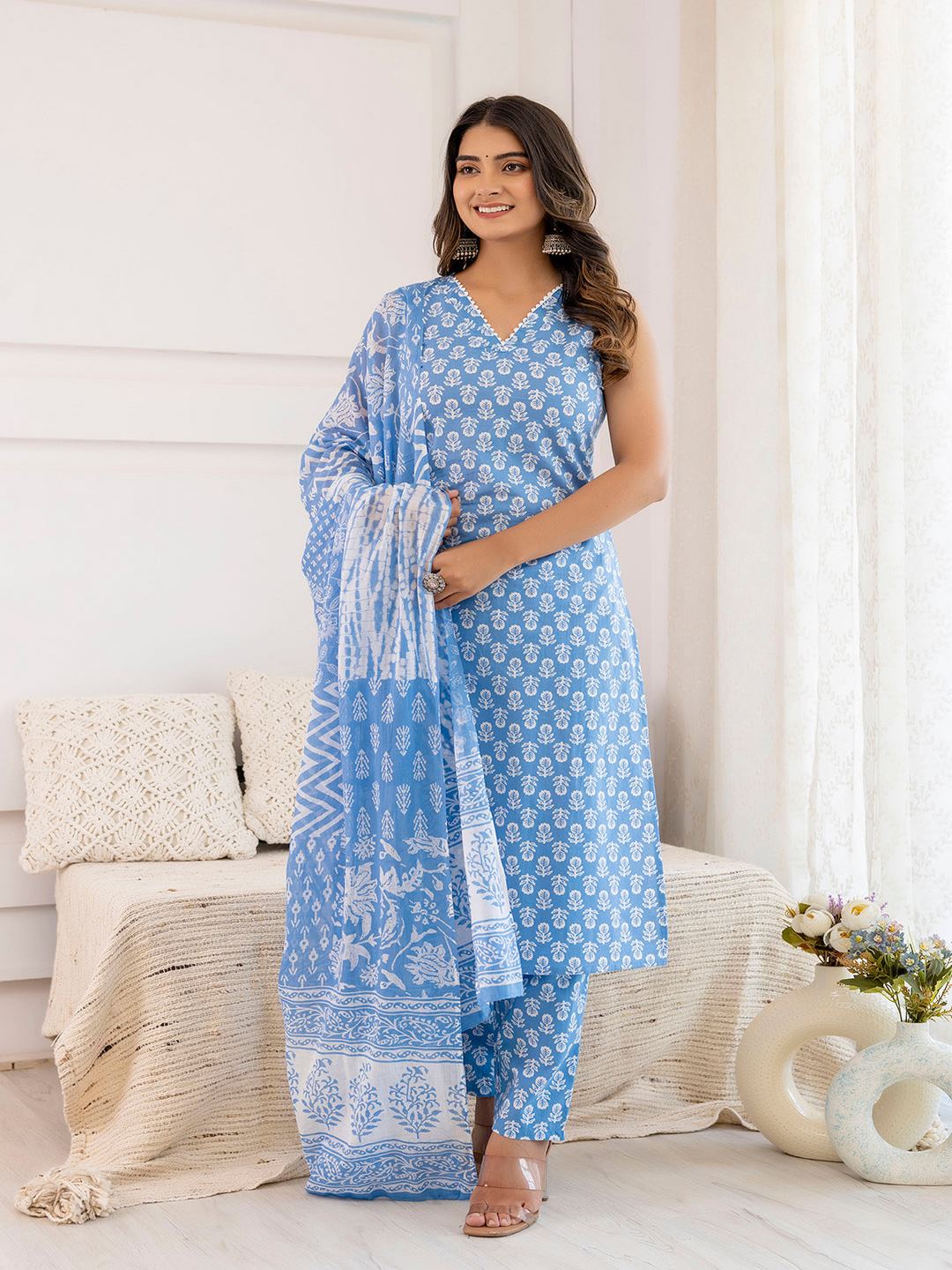 Aqua Blue Printed Straight Kurta With Trouser And Dupatta