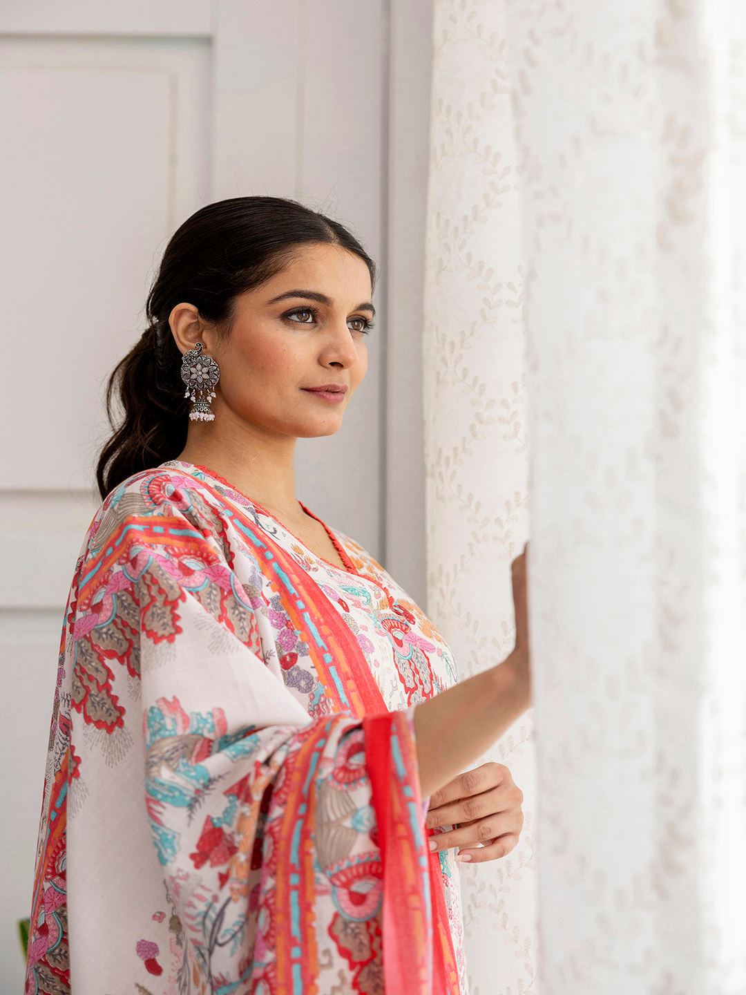 Off White Printed Straight Kurta With Trouser And Dupatta