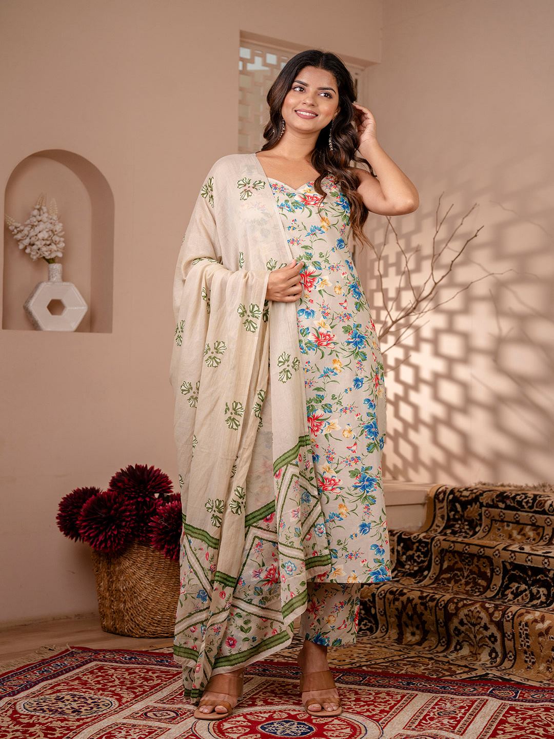 Beige Floral Printed Straight Kurta With Trouser And Dupatta