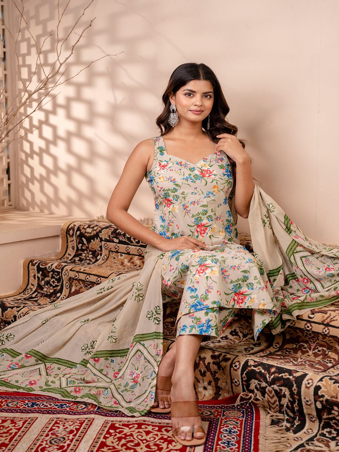 Beige Floral Printed Straight Kurta With Trouser And Dupatta