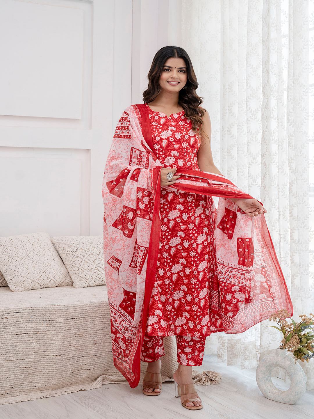Red Printed Kurta With Trouser And Dupatta