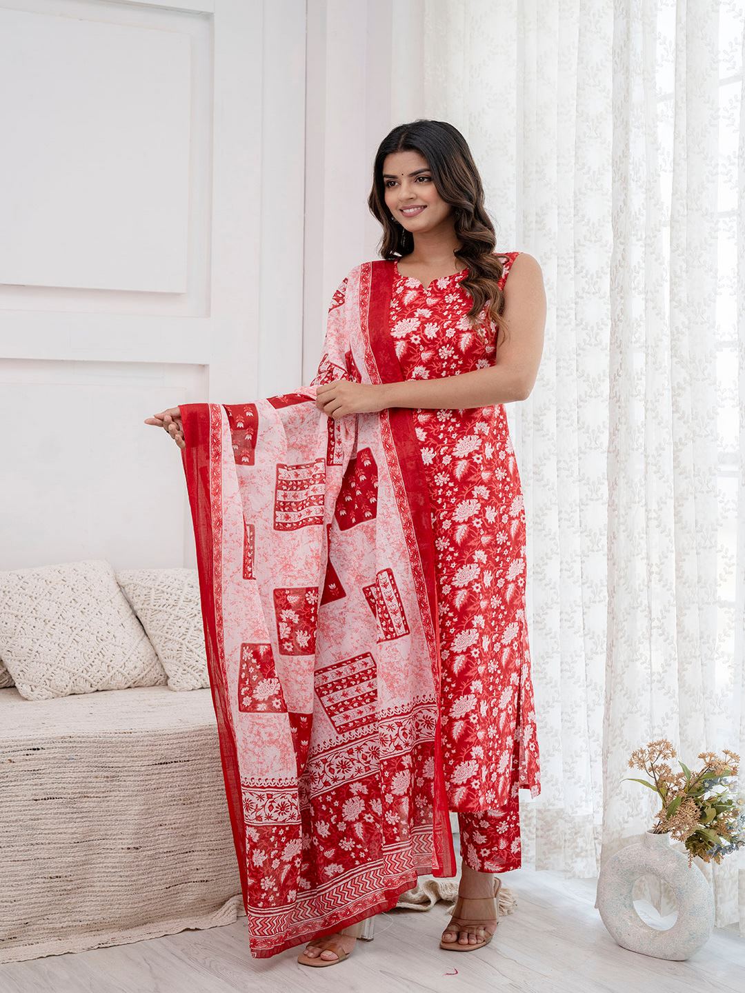 Red Printed Kurta With Trouser And Dupatta