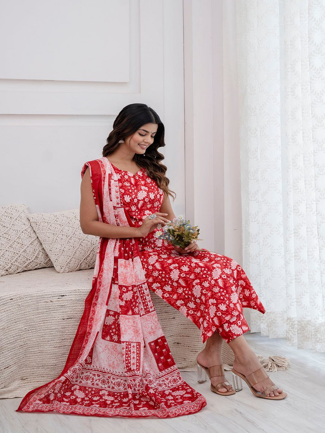 Red Printed Kurta With Trouser And Dupatta