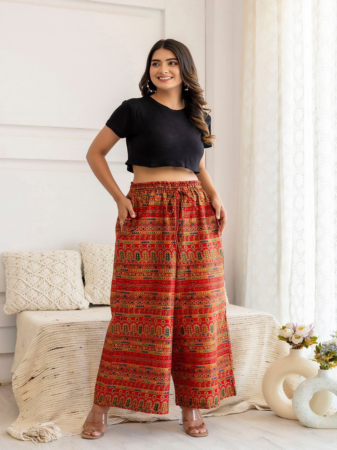 Red Printed Straight Palazzo