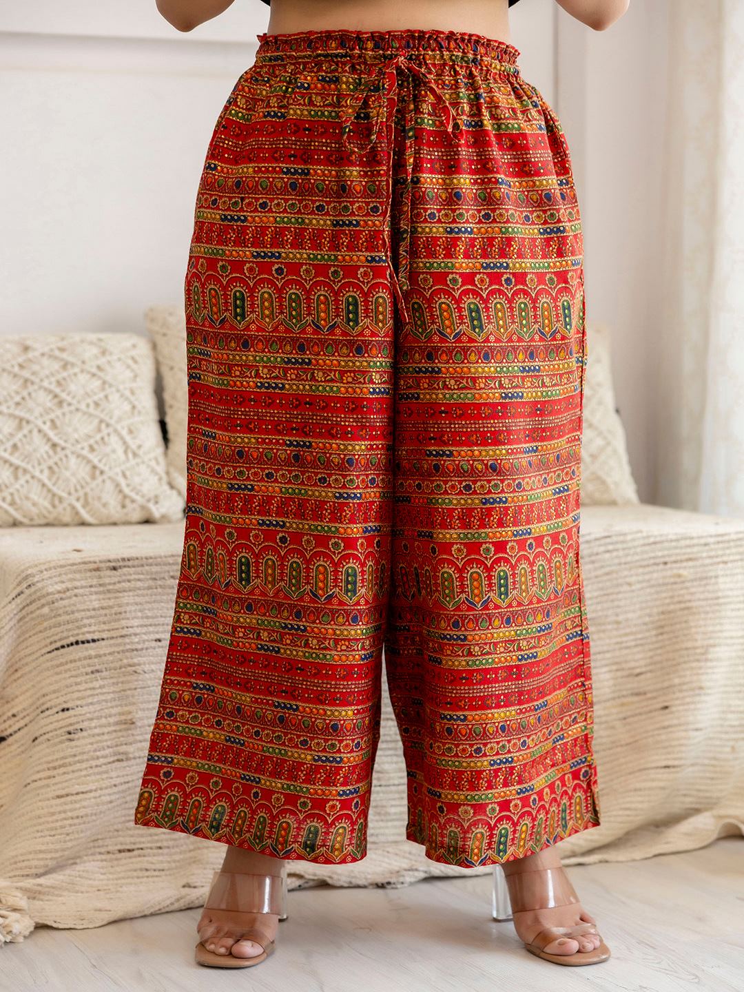 Red Printed Straight Palazzo