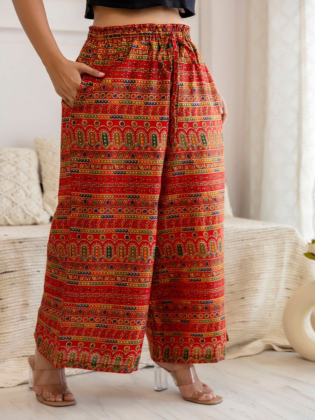 Red Printed Straight Palazzo