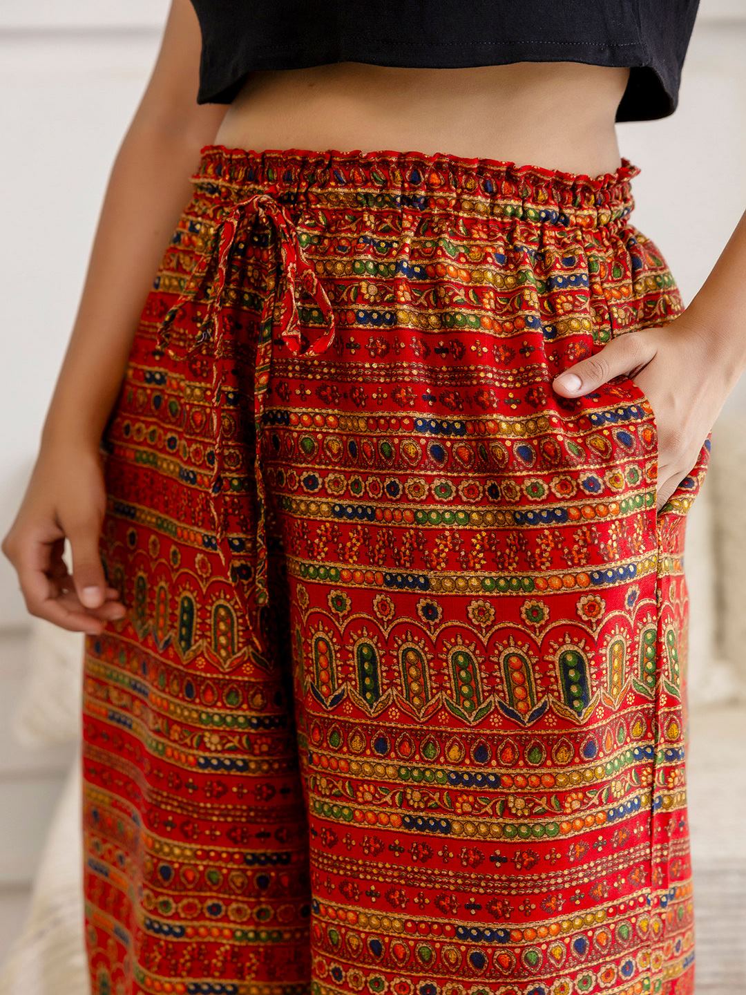 Red Printed Straight Palazzo