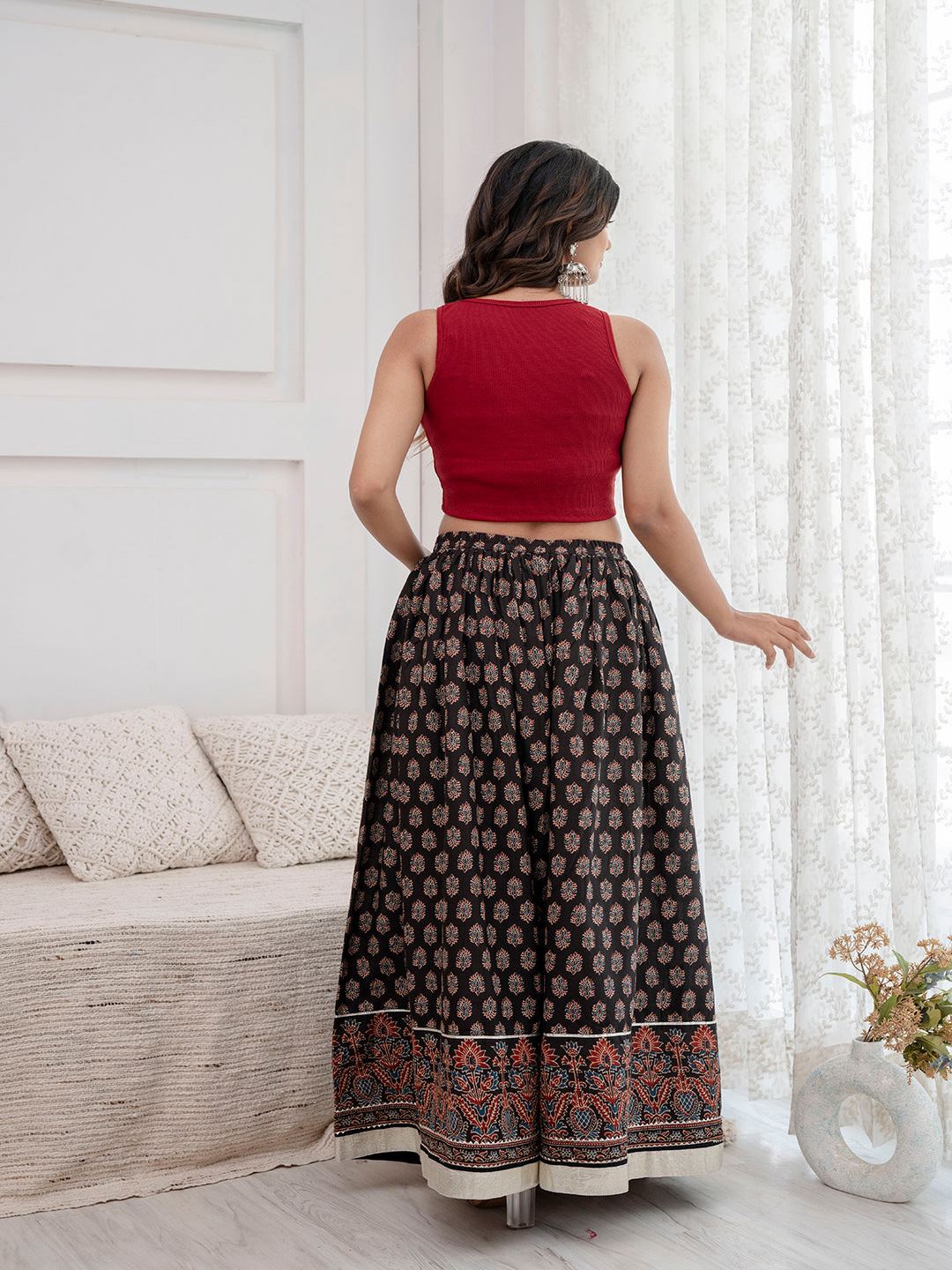 Black Ethnic Printed Gotta Patti Work Skirt