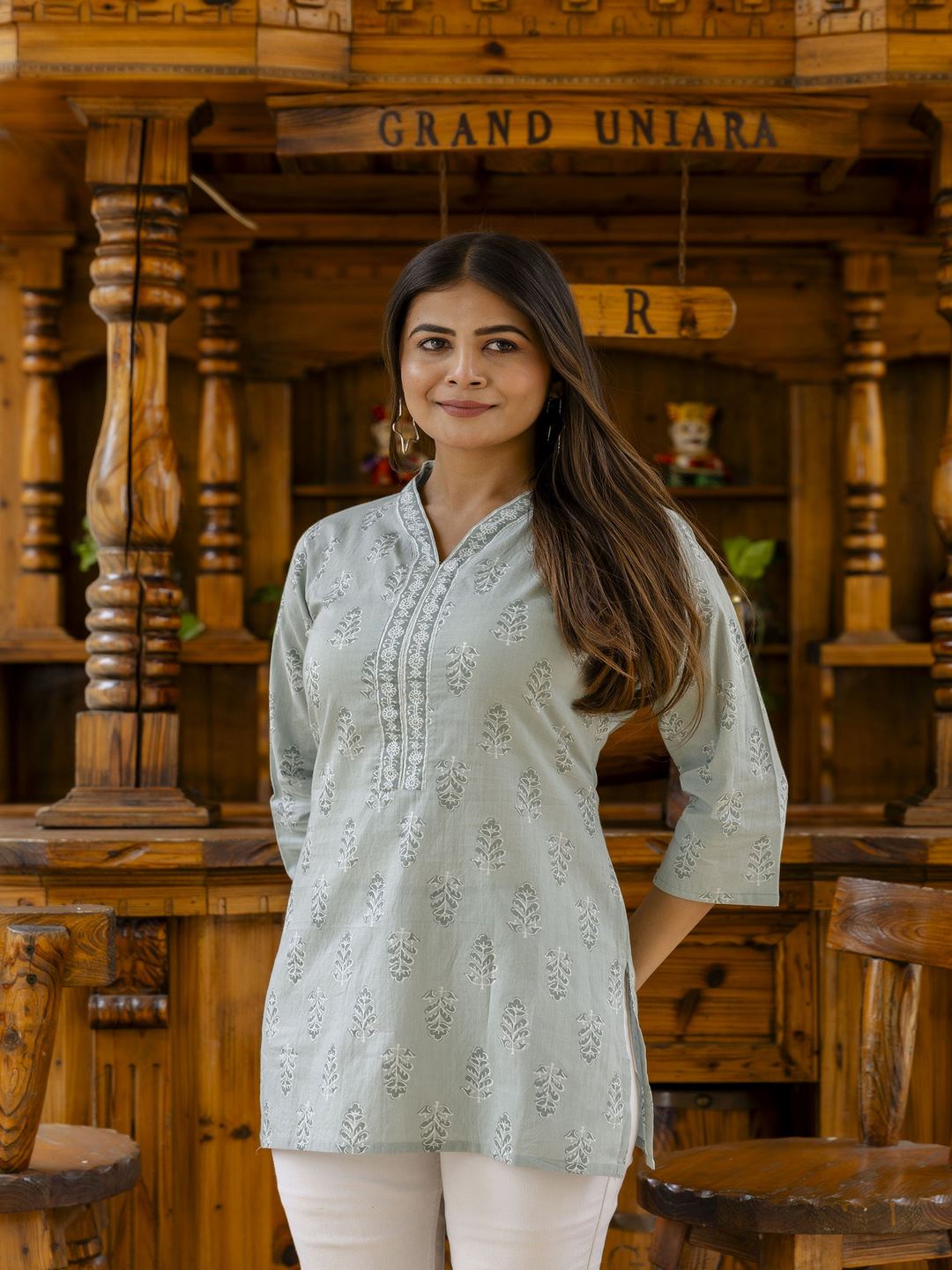 Green Straight V- Neck Tunic