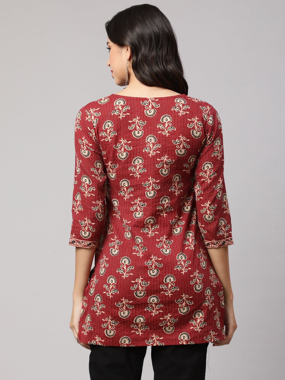 Maroon Straight Tunic With Three Quarter Sleeves