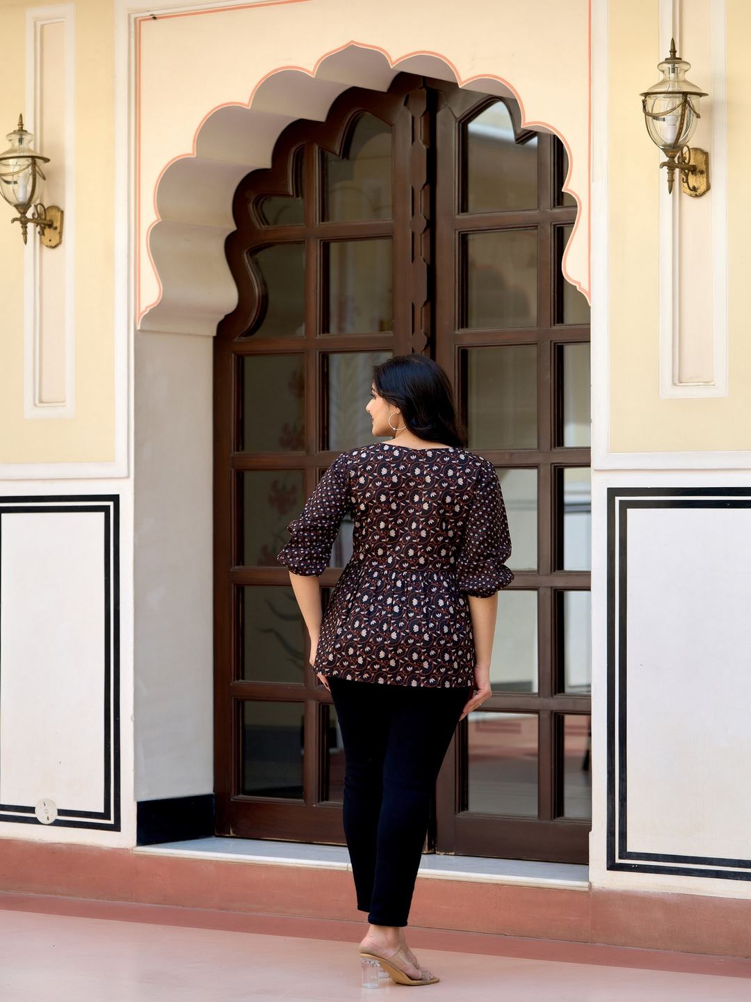 Black Printed V-Neck Peplum Tunic