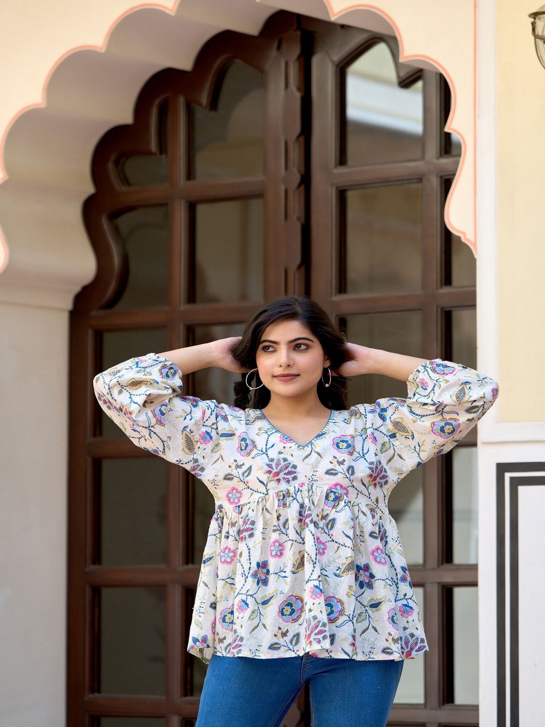 Off-White Printed V-Neck Peplum Tunic