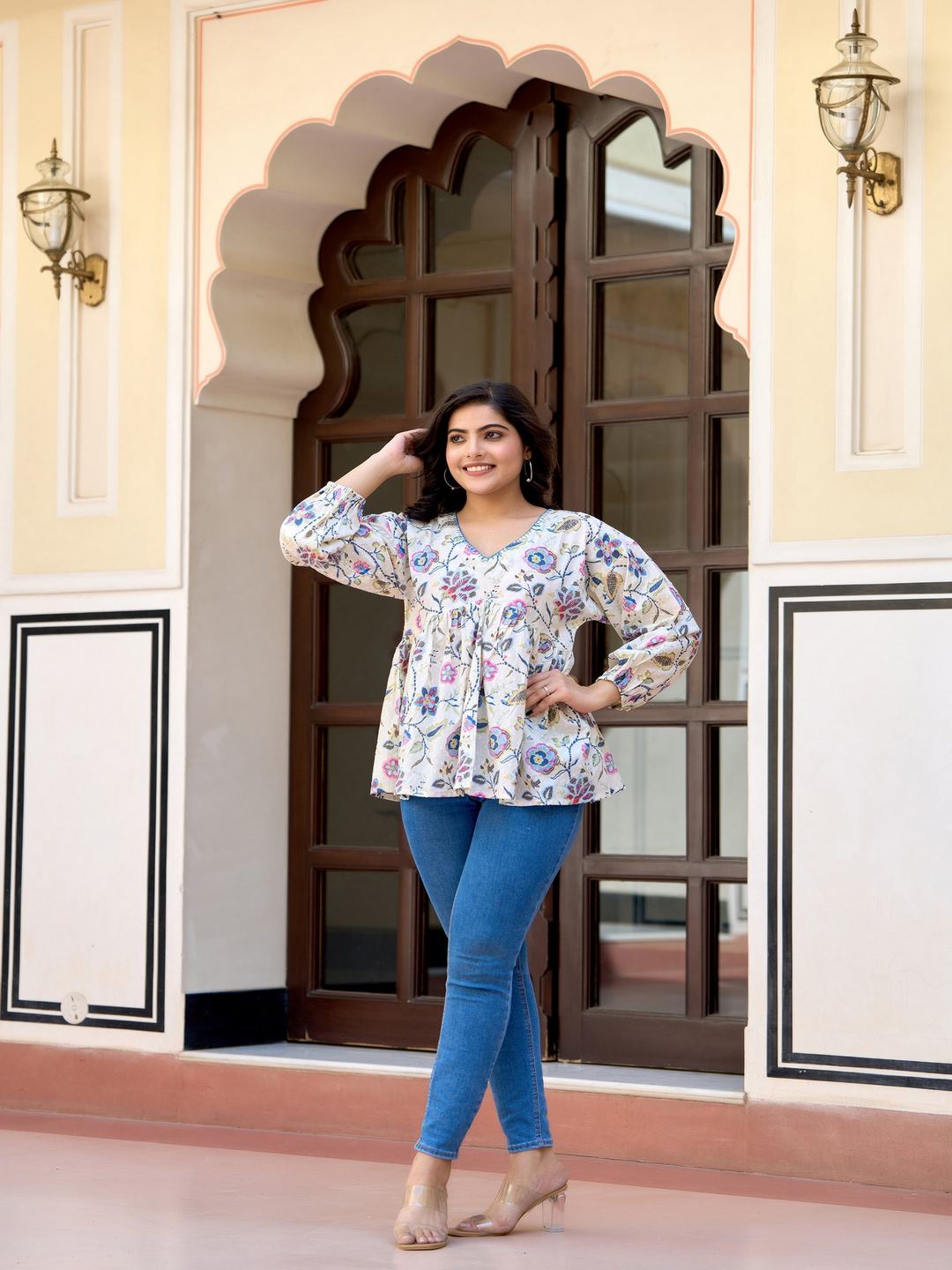 Off-White Printed V-Neck Peplum Tunic