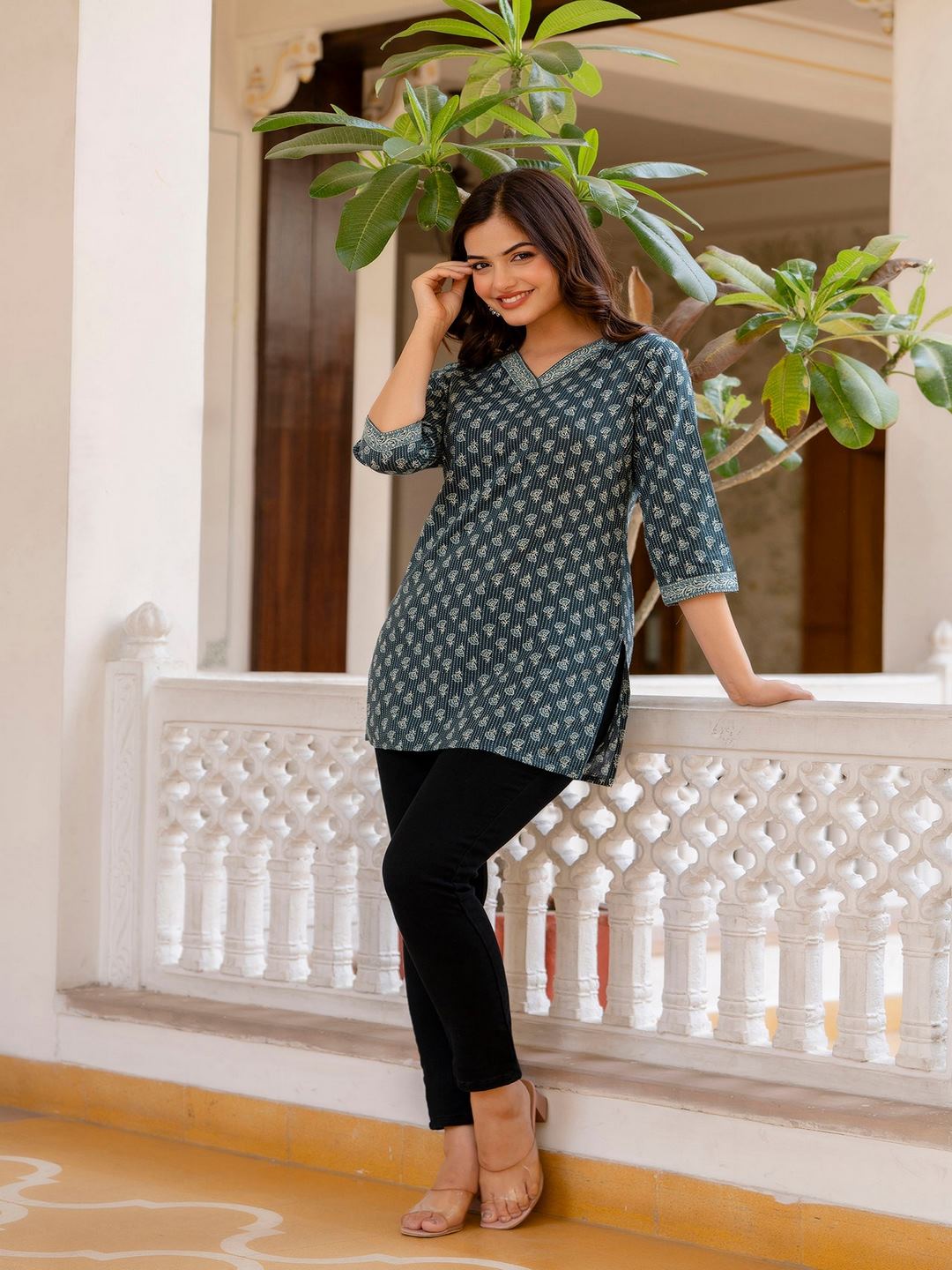 Green Straight V- Neck Tunic
