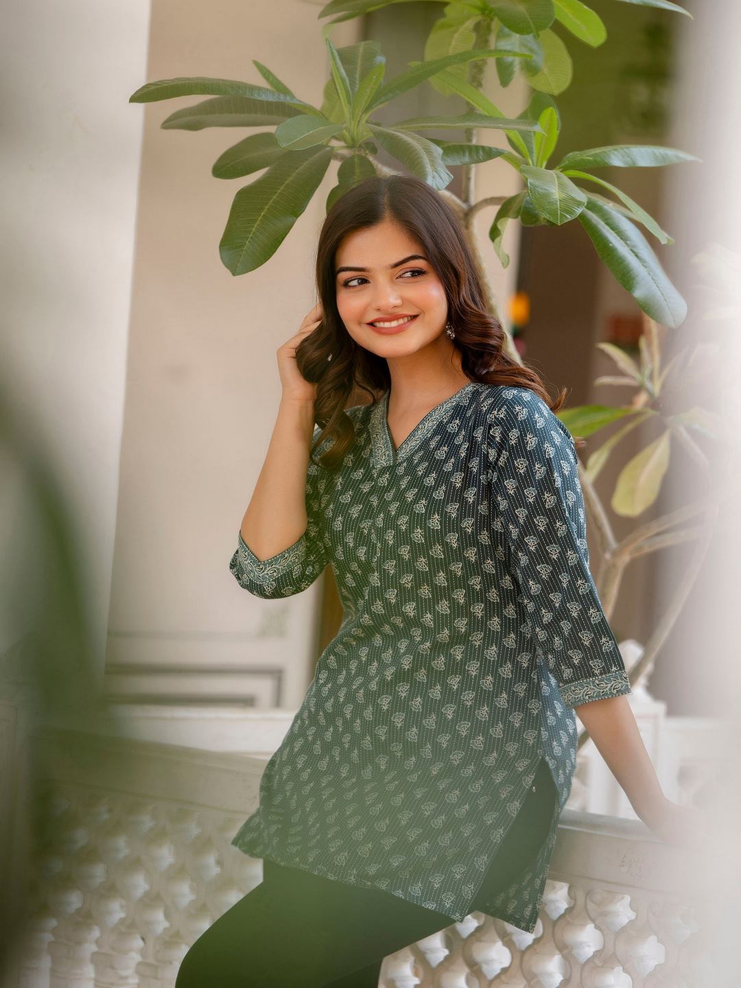 Green Straight V- Neck Tunic