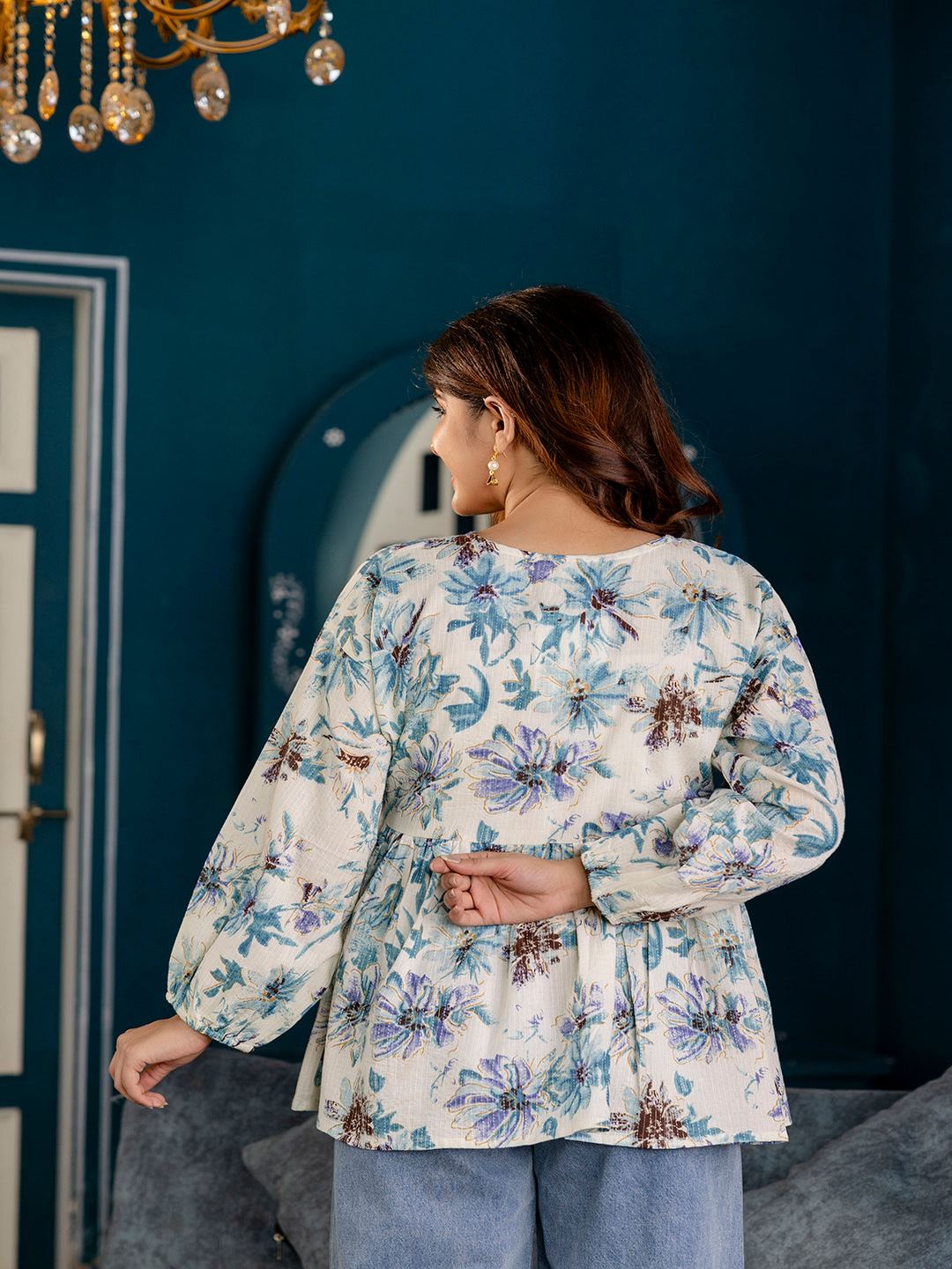 Off-White Printed V-Neck Peplum Tunic