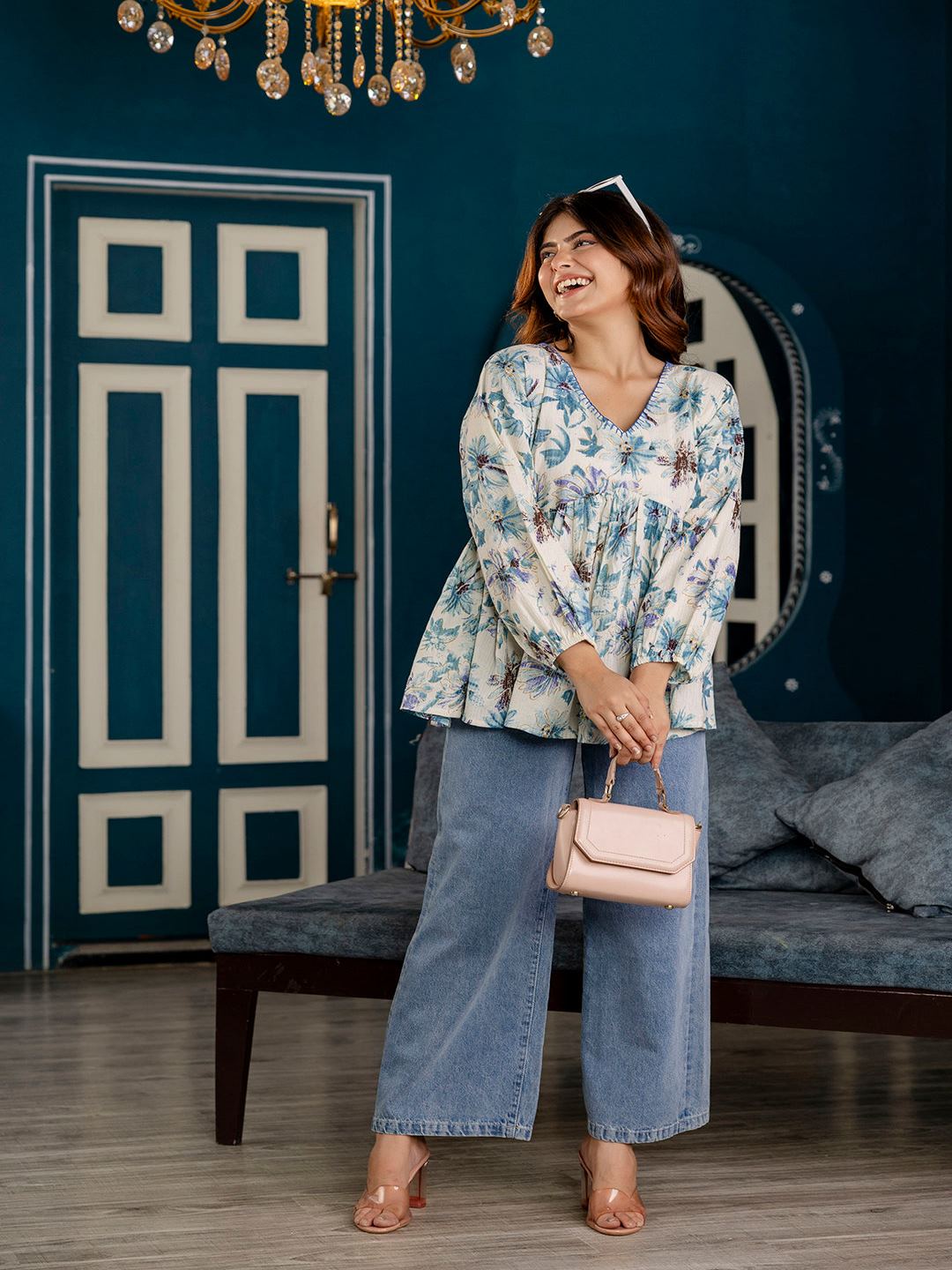 Off-White Printed V-Neck Peplum Tunic