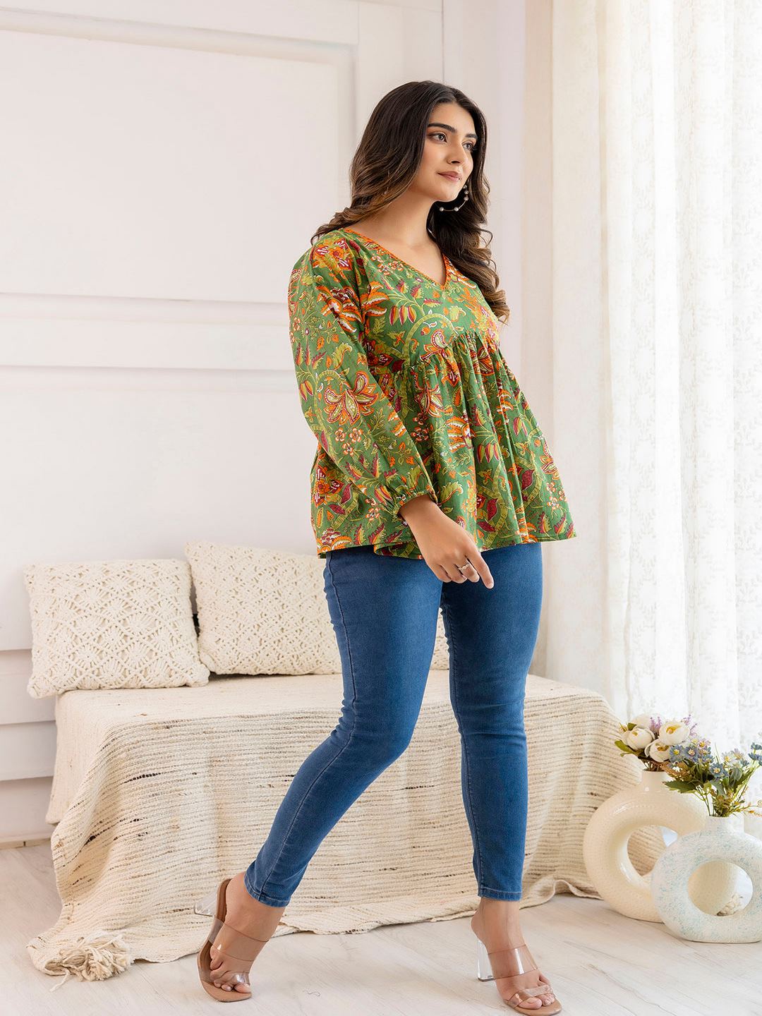 Green Printed V-Neck Peplum Tunic