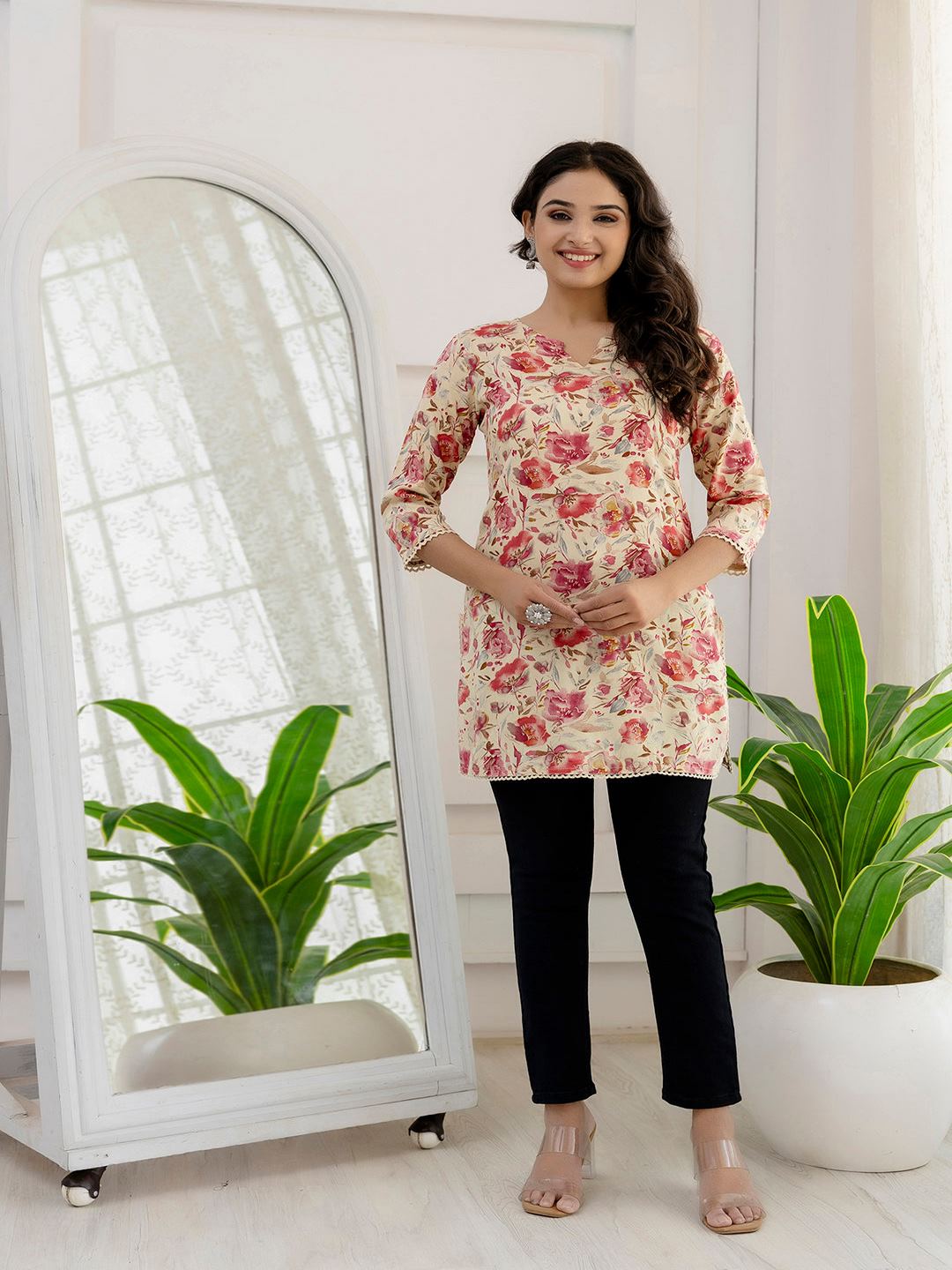 Pink And Off White Printed Straight Tunic