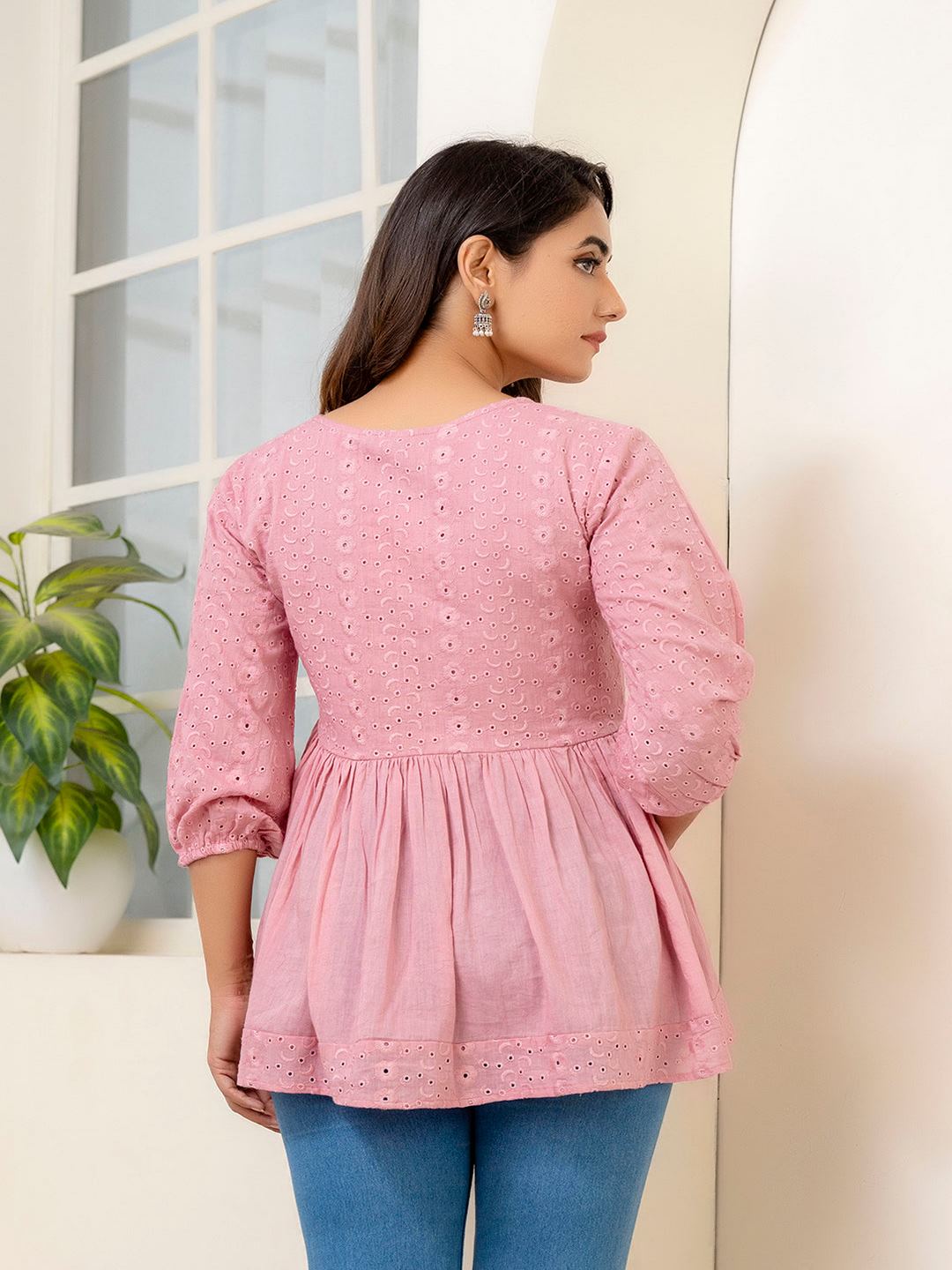 Pink Schiffli V-Neck Peplum Short Kurti