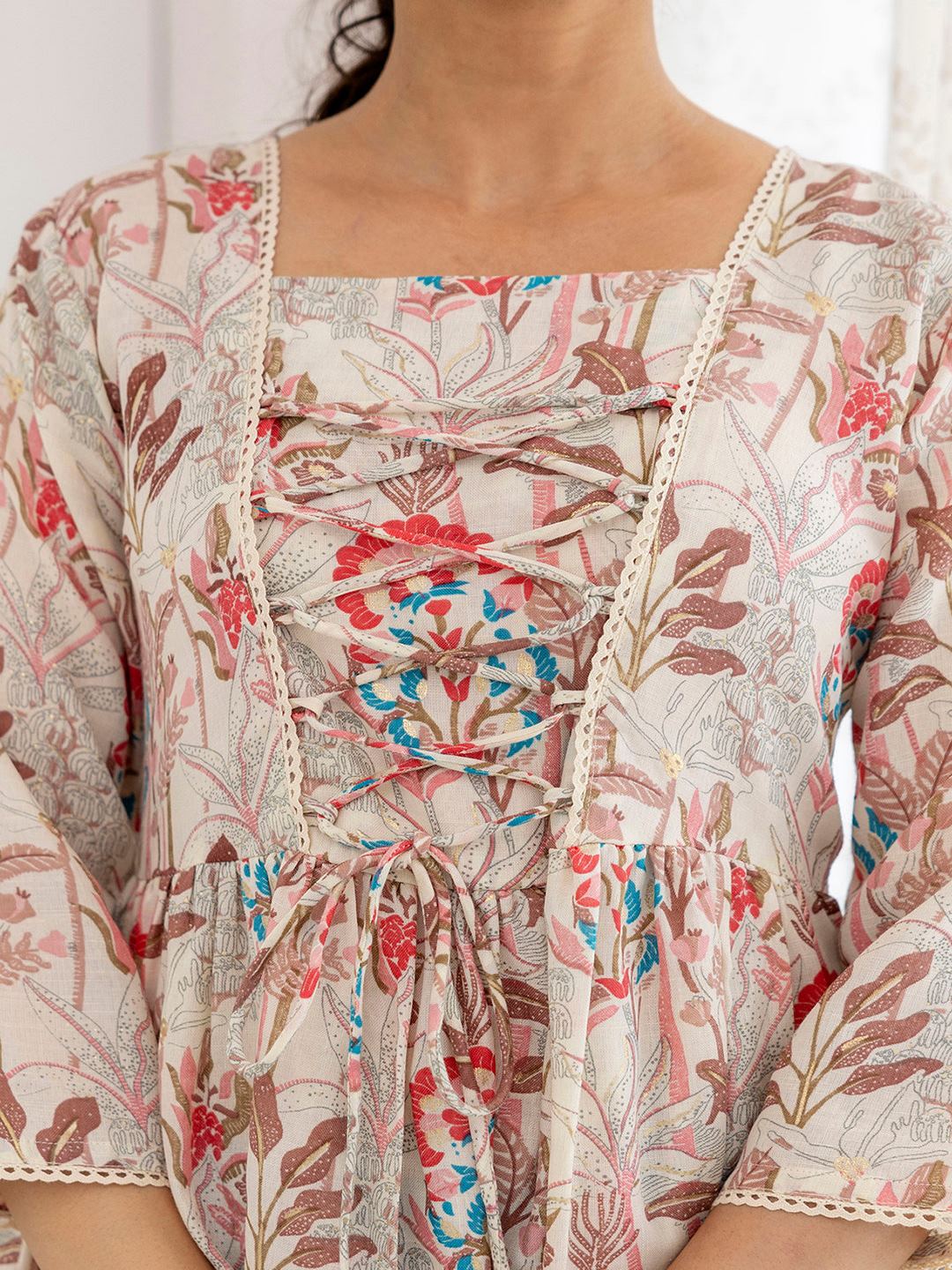 Off-White Printed V-Neck Peplum Tunic