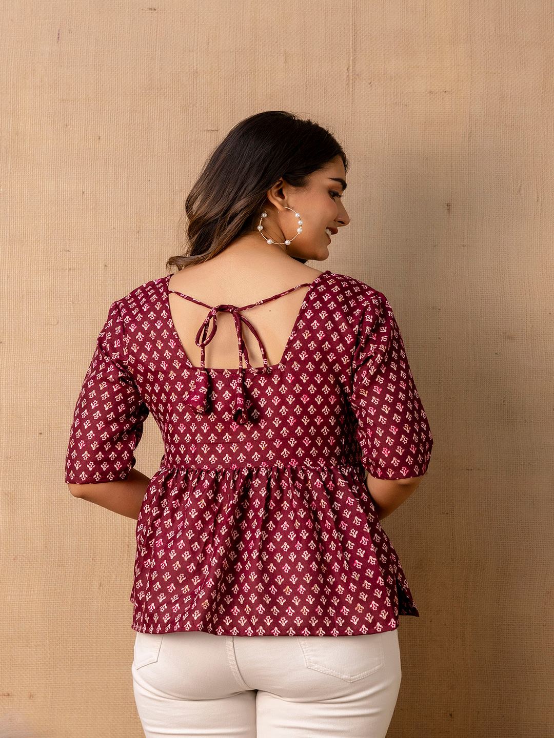 Burgundy Printed V-Neck Peplum Tunic