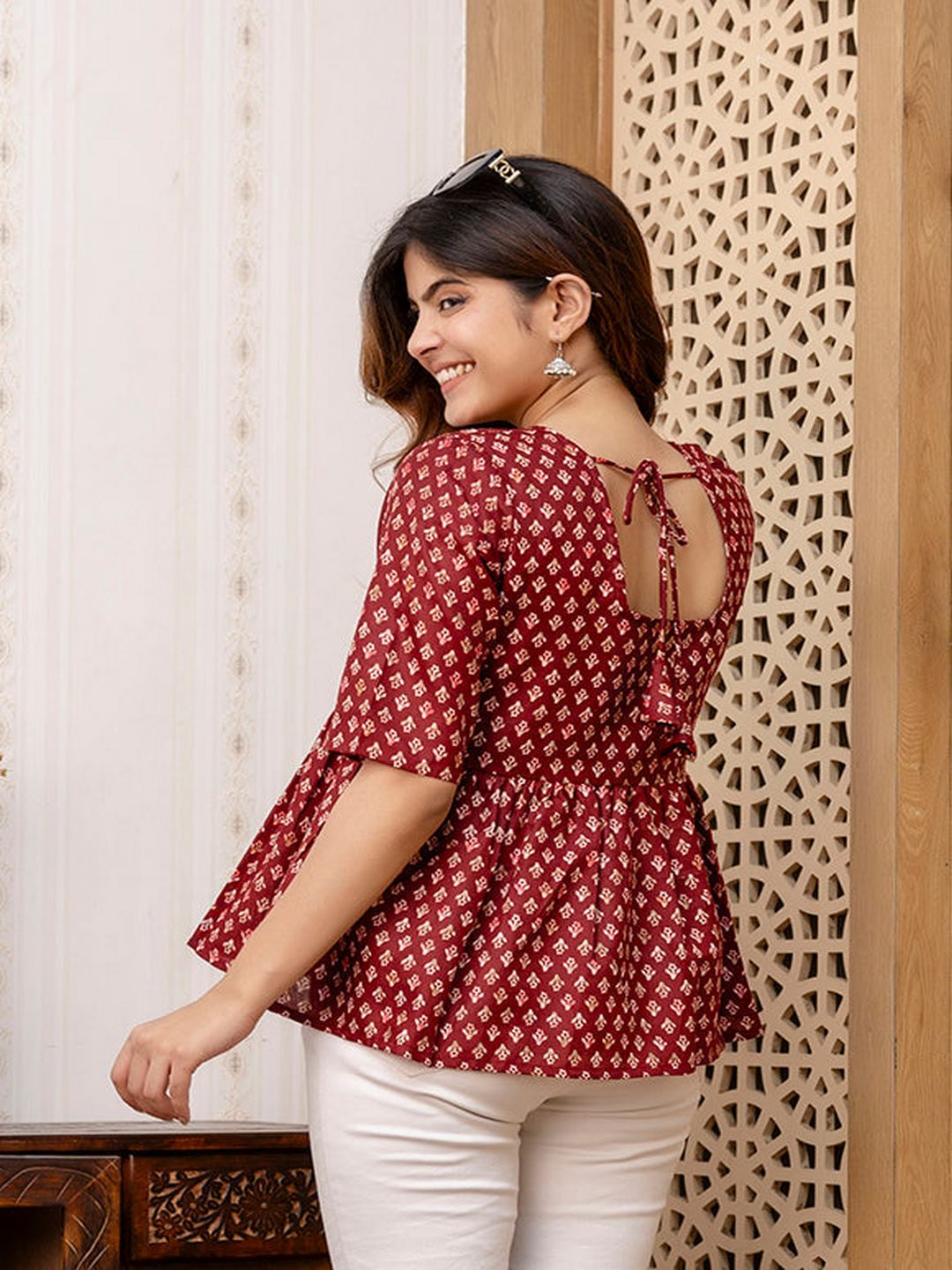 Maroon Printed V-Neck Peplum Tunic