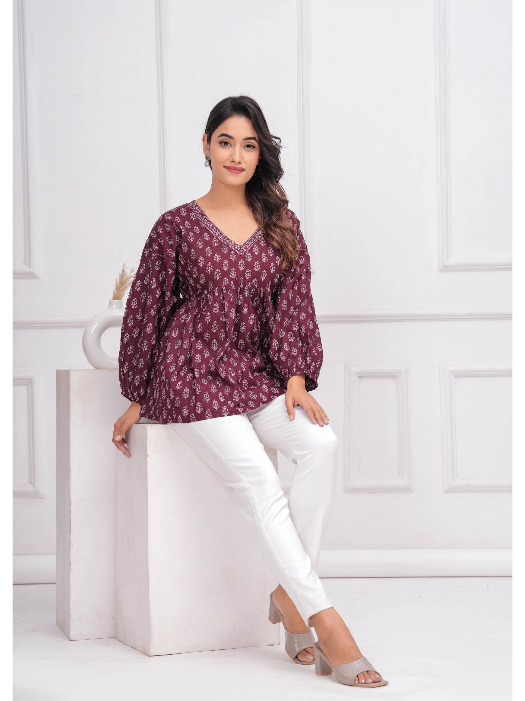 Winecolor Ethnic Printed Peplum Tunic